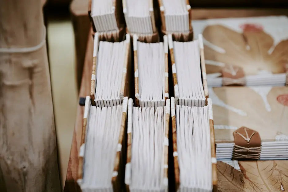Stack of sustainable notebooks made from recycled materials on a wooden display at an eco-friendly store.