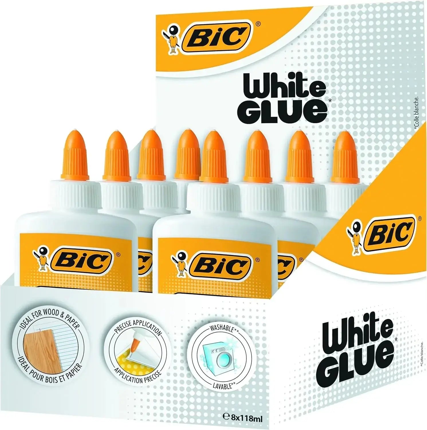 Pack of BIC white glue bottles with orange caps, displayed in a neat array, highlighting the multipurpose application for paper, wood, and fabric.