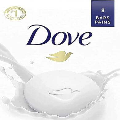 Dove soap bar with milk splash, logo, and #1 dermatologist recommended badge