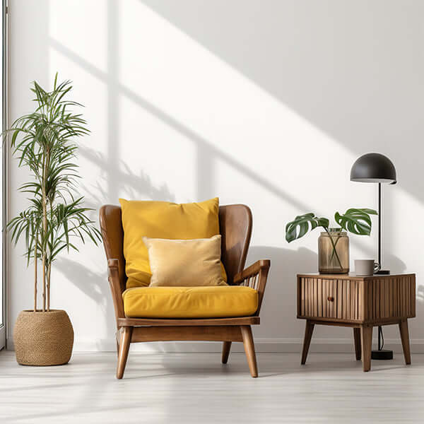 Stylish living room setup with a yellow cushioned wooden armchair, mid-century side table, and modern lighting.
