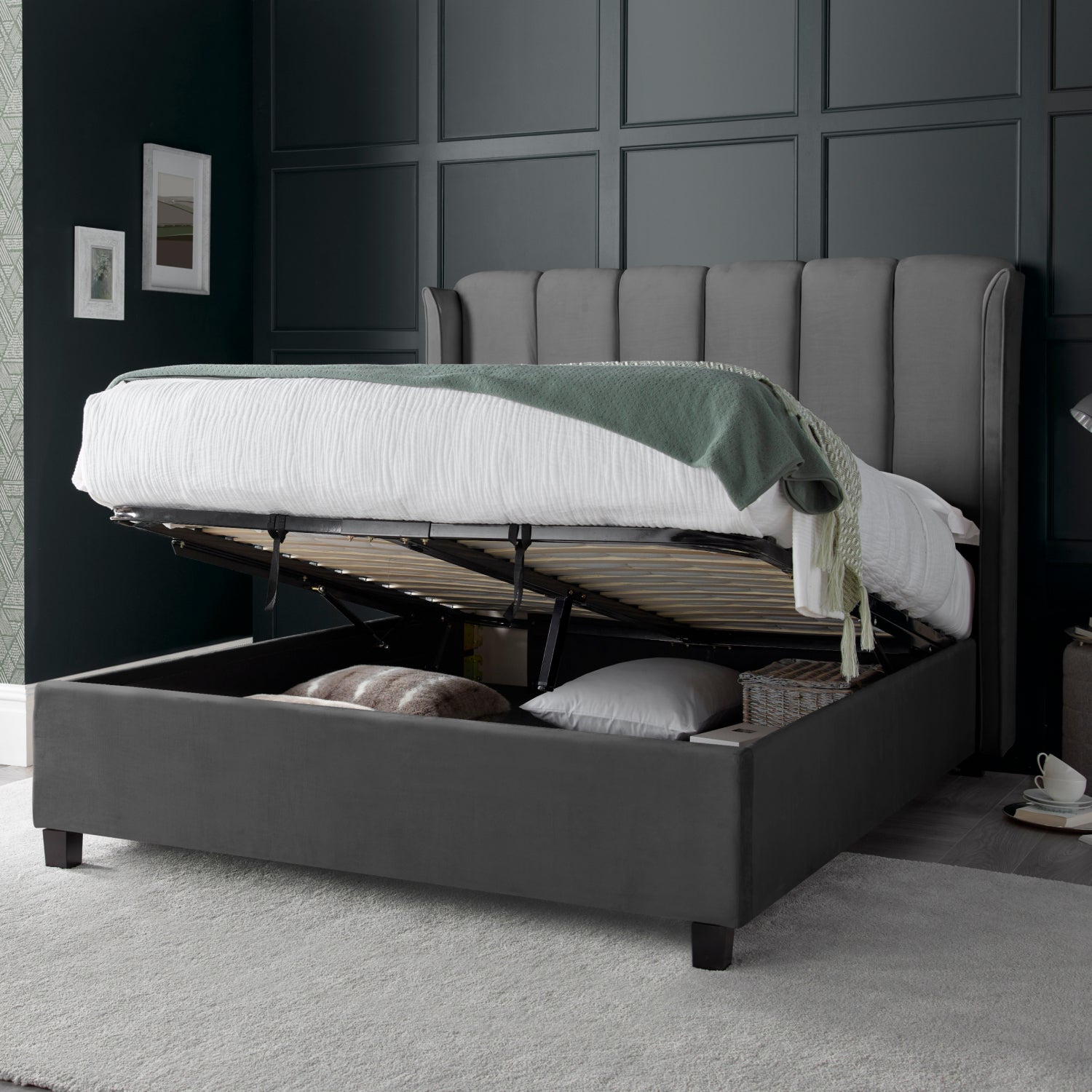 Aurora Grey Velvet Ottoman Bed