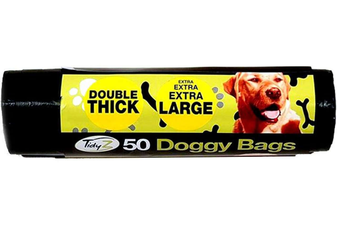 Tidyz 50 Extra Large Super Strong Double Thick Black Doggy Bags for dog waste management.
