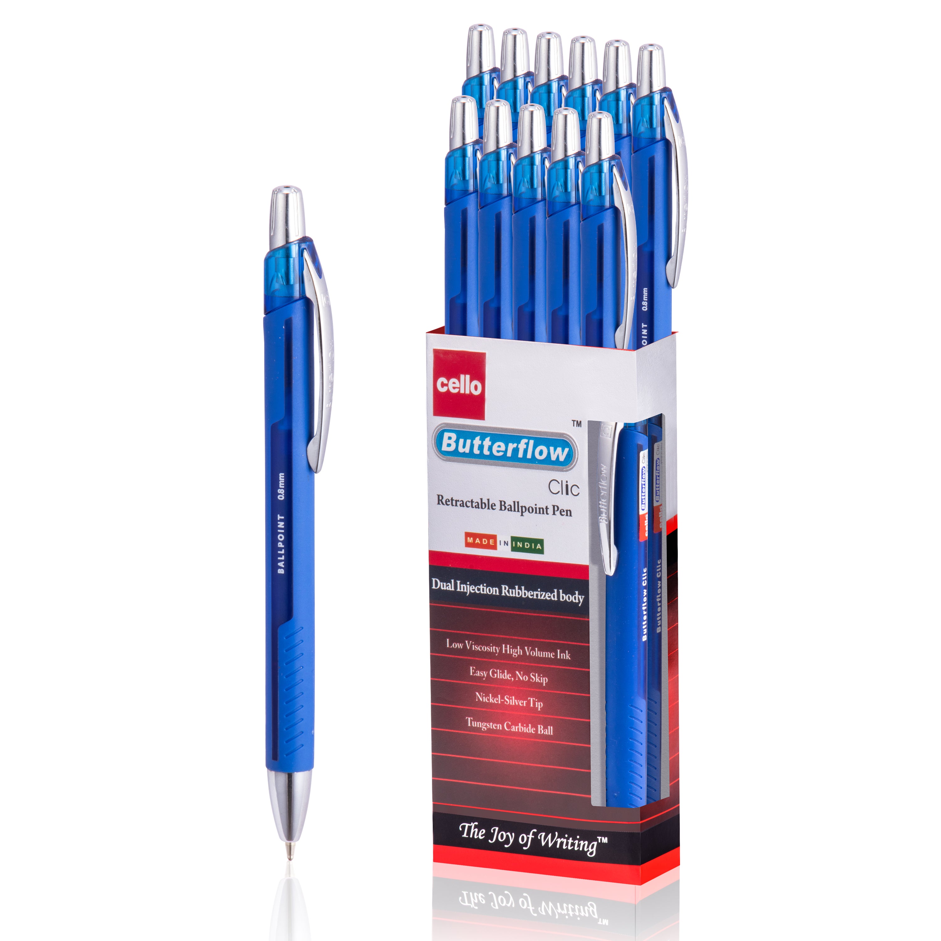 Butterflow Clic Retractable Ball Pens (0.8MM) – Black, Blue & Red – Pack of 12