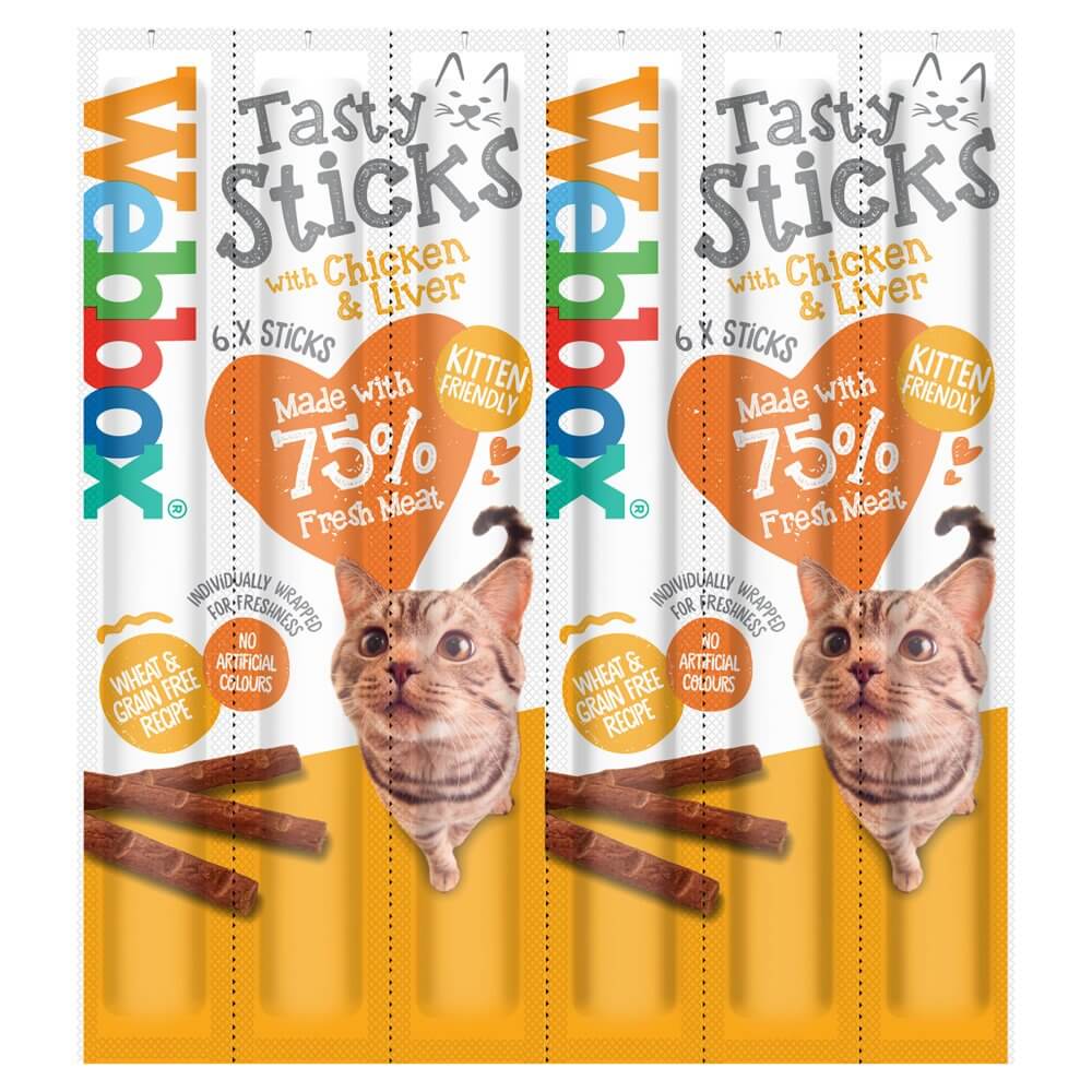 Webbox Cat Treat Sticks Chicken & Liver, 6-pack, 75% meat, wheat-free, kitten-friendly, individually wrapped packaging