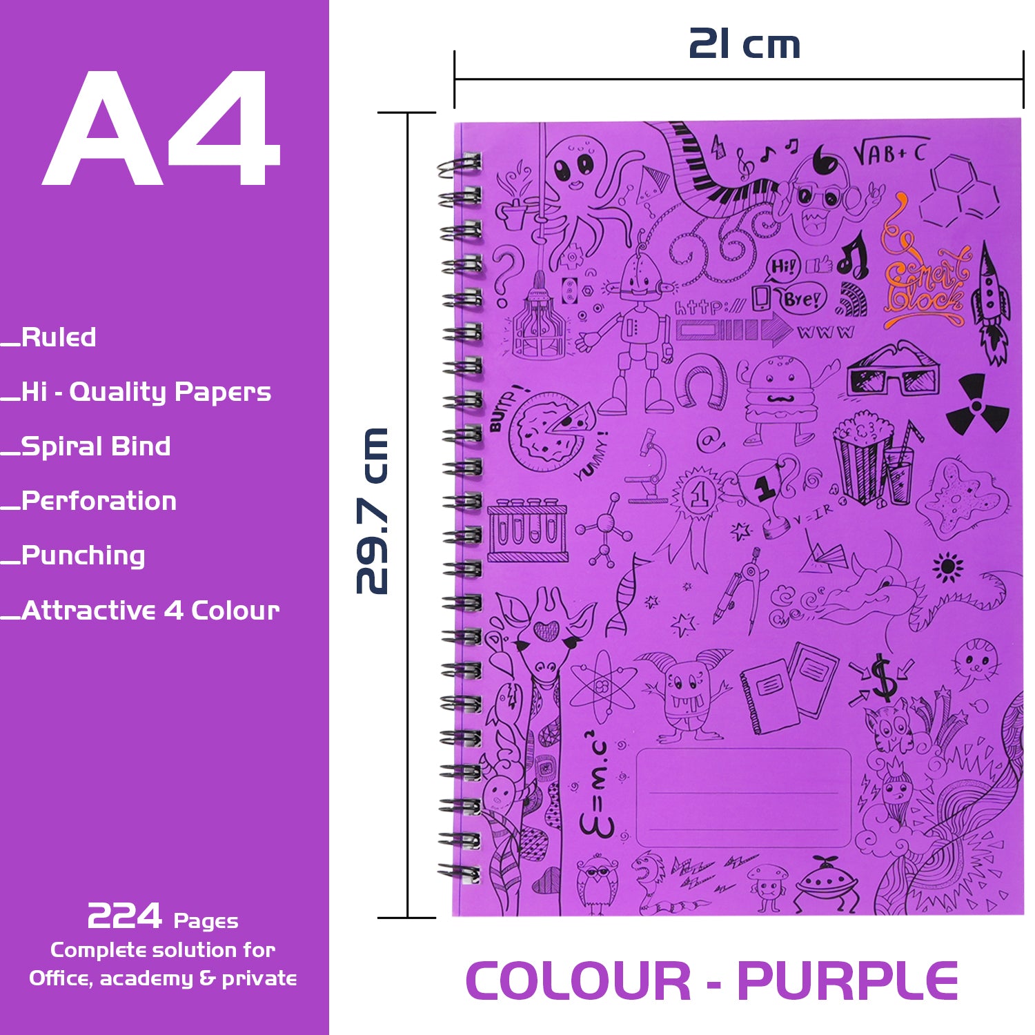 A4 Smart Block Lined Spiral Journal Notebook, 224 Pages (Purple)