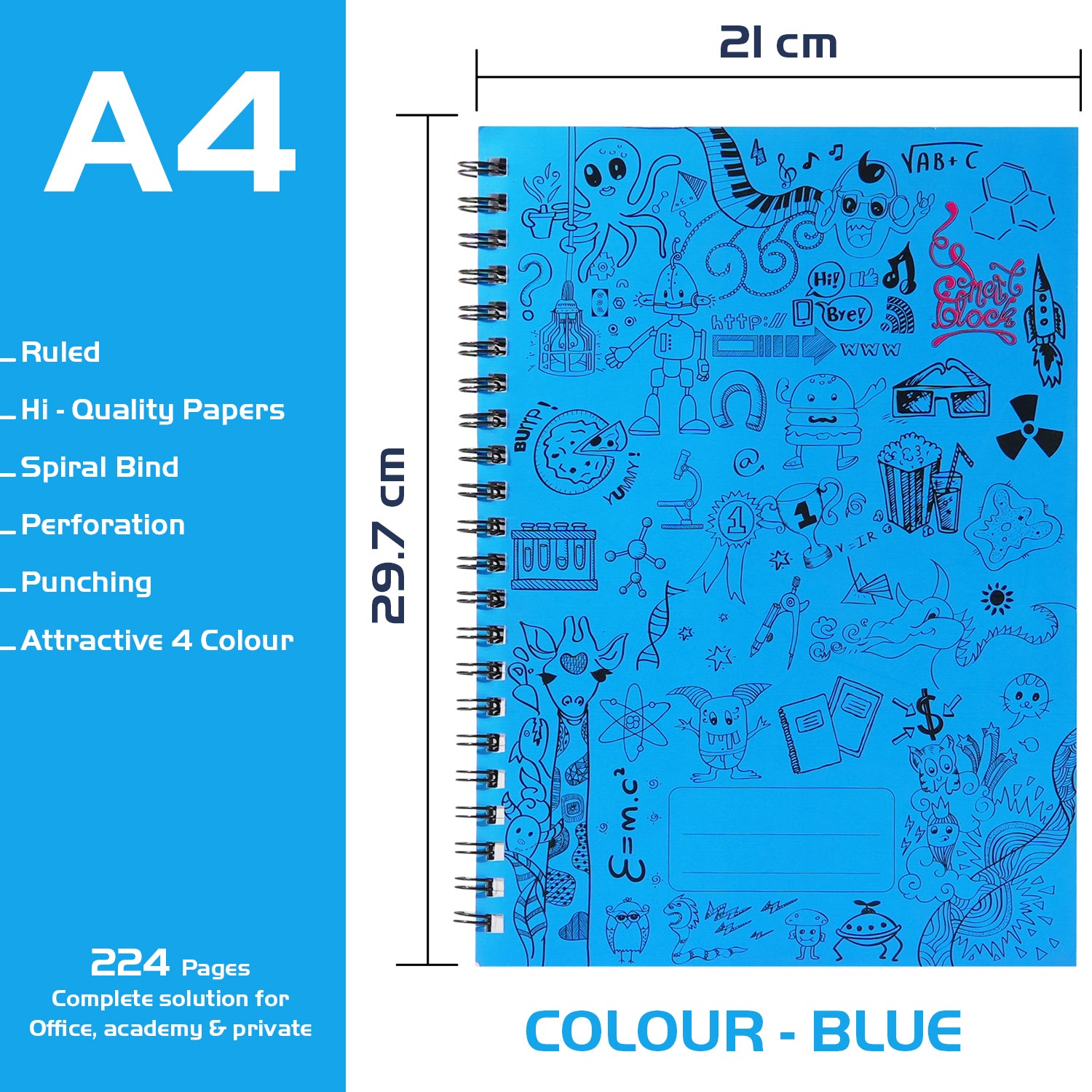 Smart Block Lined Spiral Journal Notebook, 224 Pages (Blue)