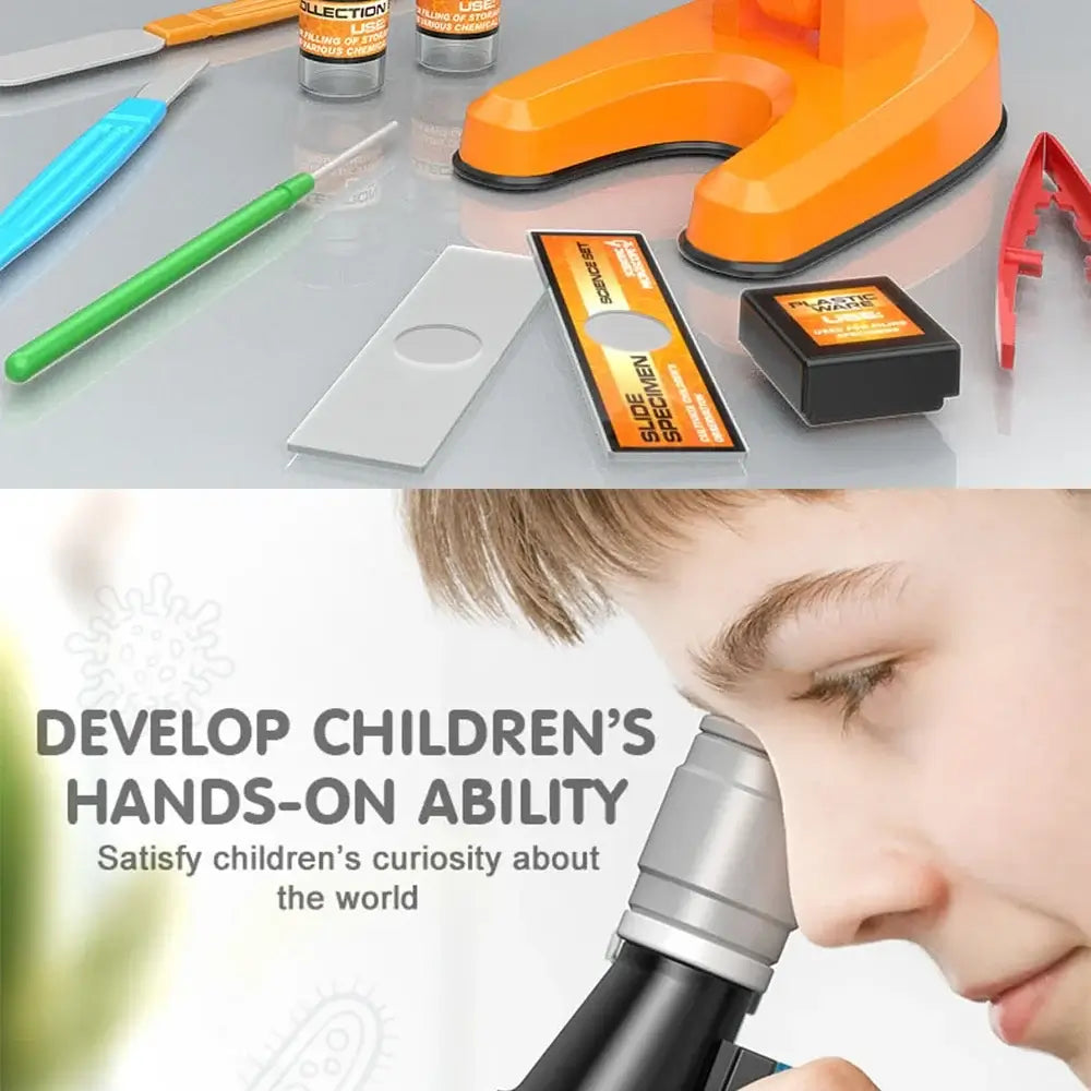 Child using a Mini Microscope Toy with educational lab kit tools, enhancing hands-on science learning and curiosity in biology.