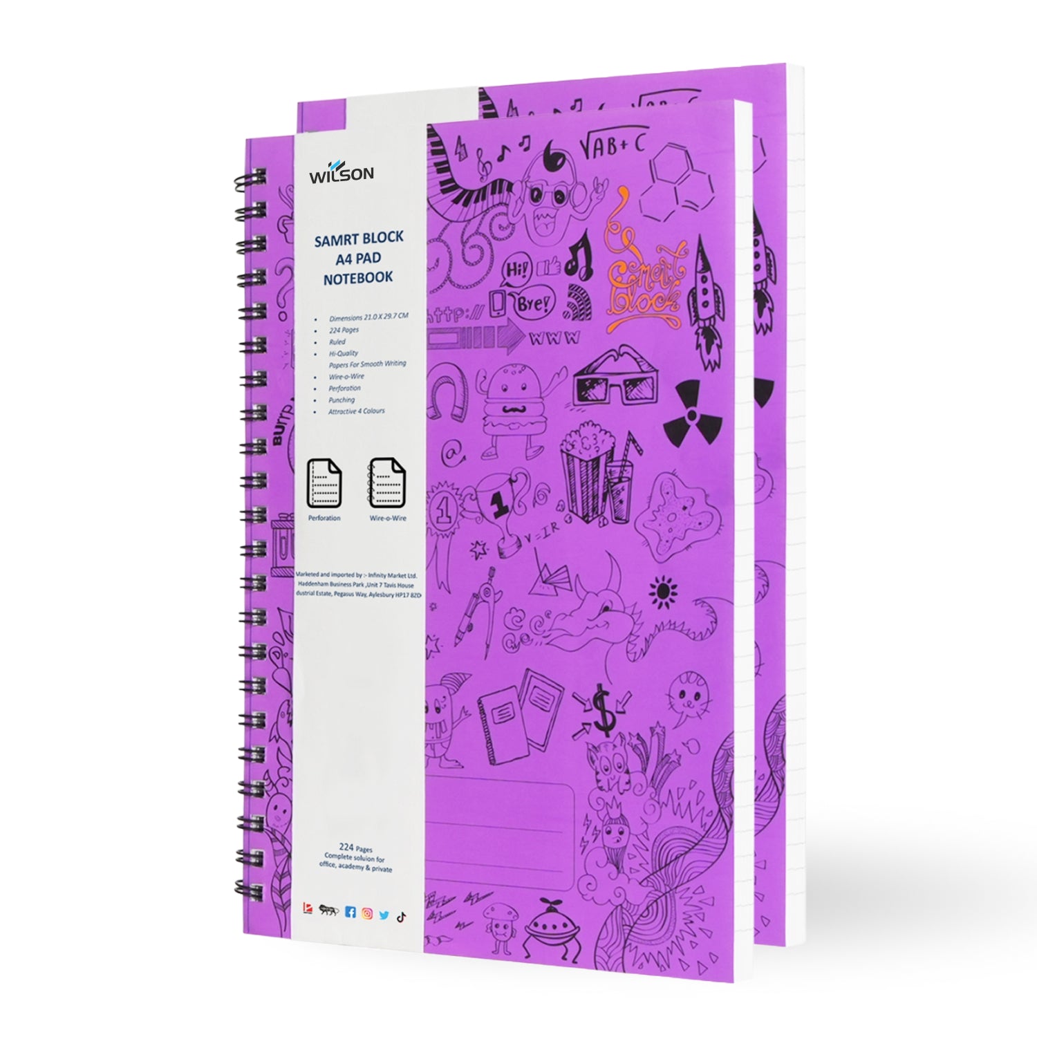 A4 Smart Block Lined Spiral Journal Notebook, 224 Pages (Purple)