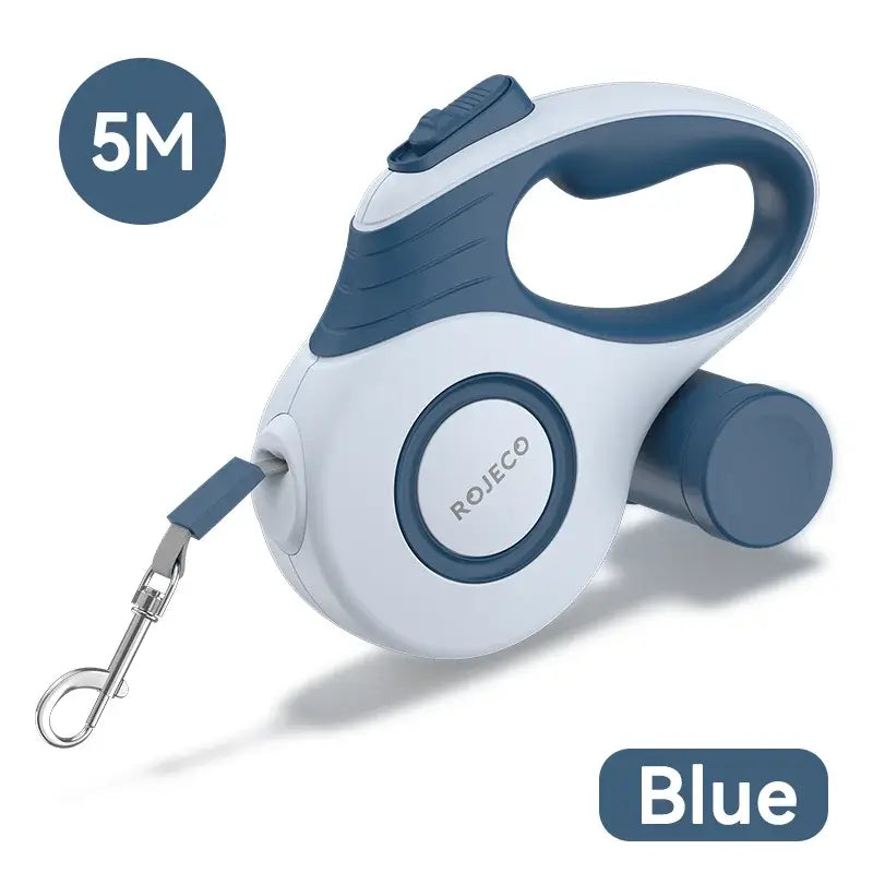 Blue 5M automatic retractable dog leash for small dogs and cats, ideal for outdoor walking and hiking.