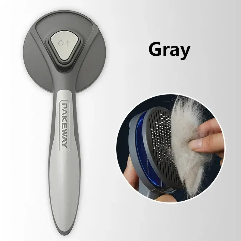 Gray self-cleaning pet grooming brush with close-up of hair removal feature for cats, dogs, and rabbits.