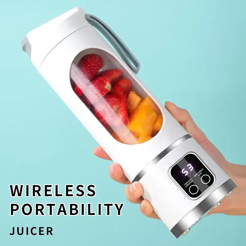 Portable electric juicer blender with fruits inside, showcasing wireless functionality for fresh juice on the go.