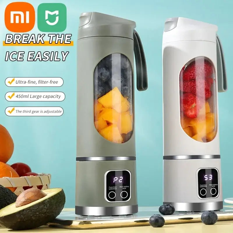 Portable electric juicers with digital display, showcasing fruit blending capability and adjustable settings for smoothies and juice.