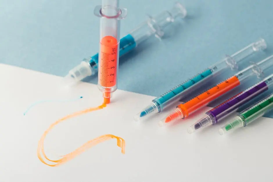 Colorful Cello pens and syringe drawing on paper, showcasing creative writing tools.