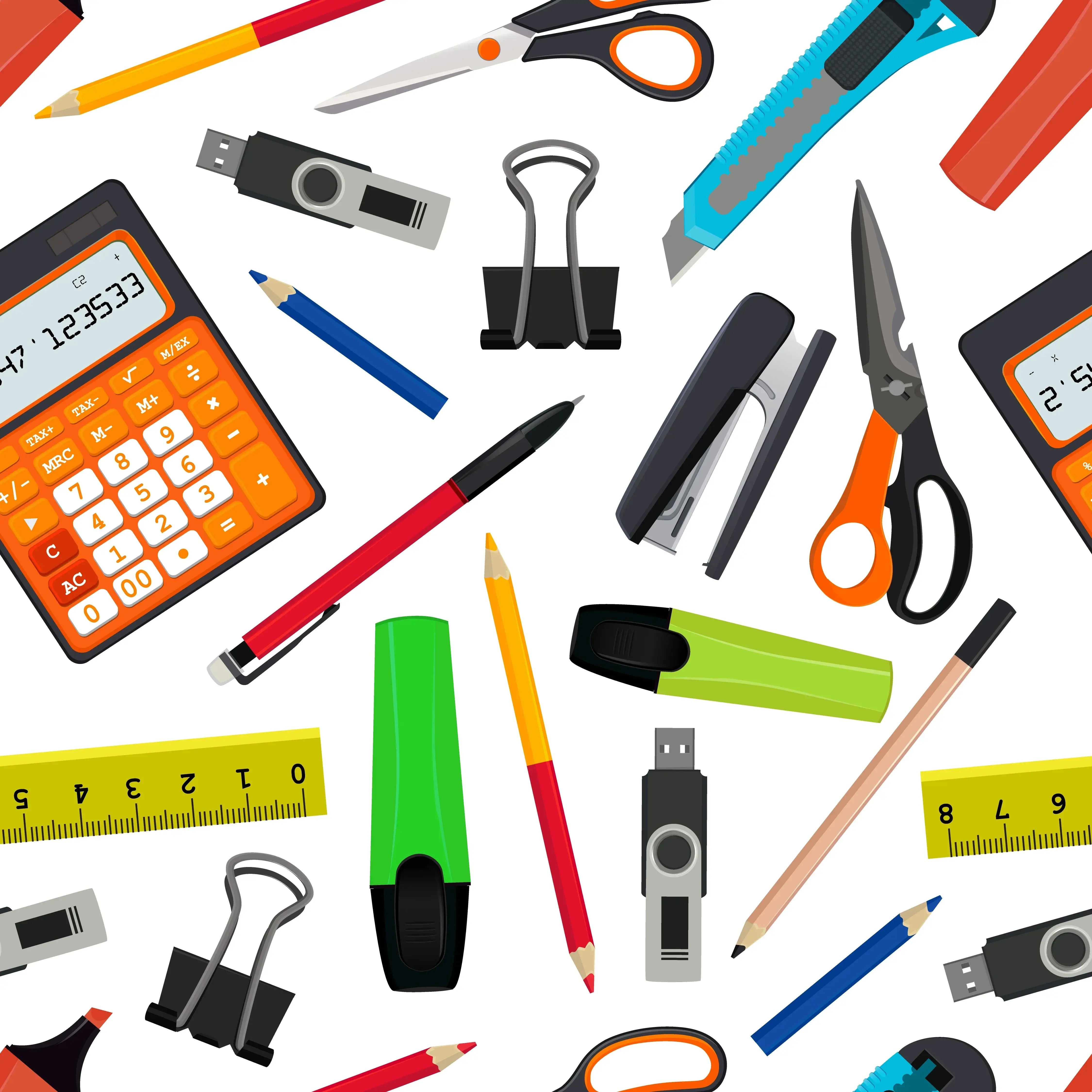 Assorted office and school stationery including scissors, USB drives, pens, and calculators from brands like BIC and Wilson.