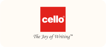 Cello Pens logo featuring red background with white text and slogan "The Joy of Writing"