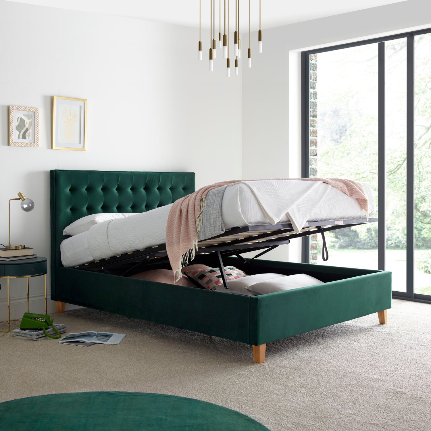 Kingham Green Velvet Ottoman Bed