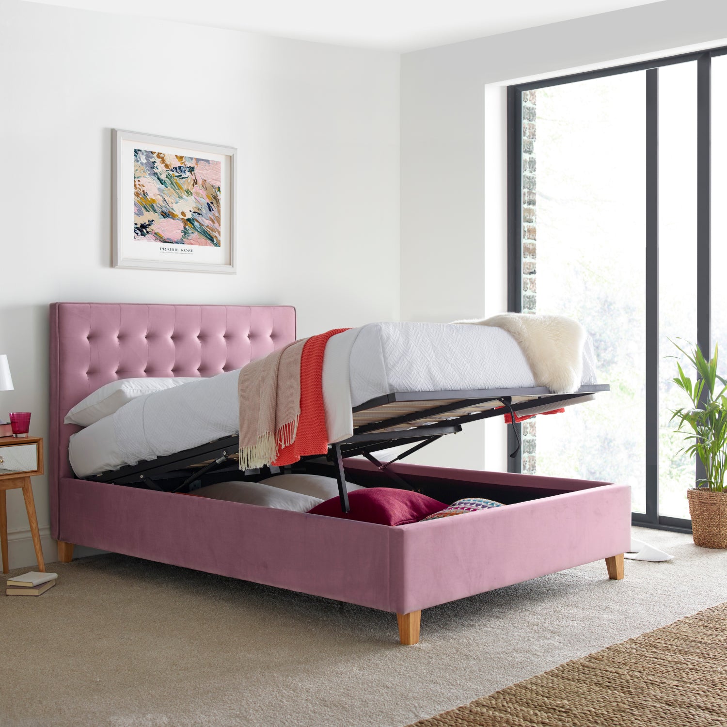 Kingham Pink Velvet Ottoman Bed