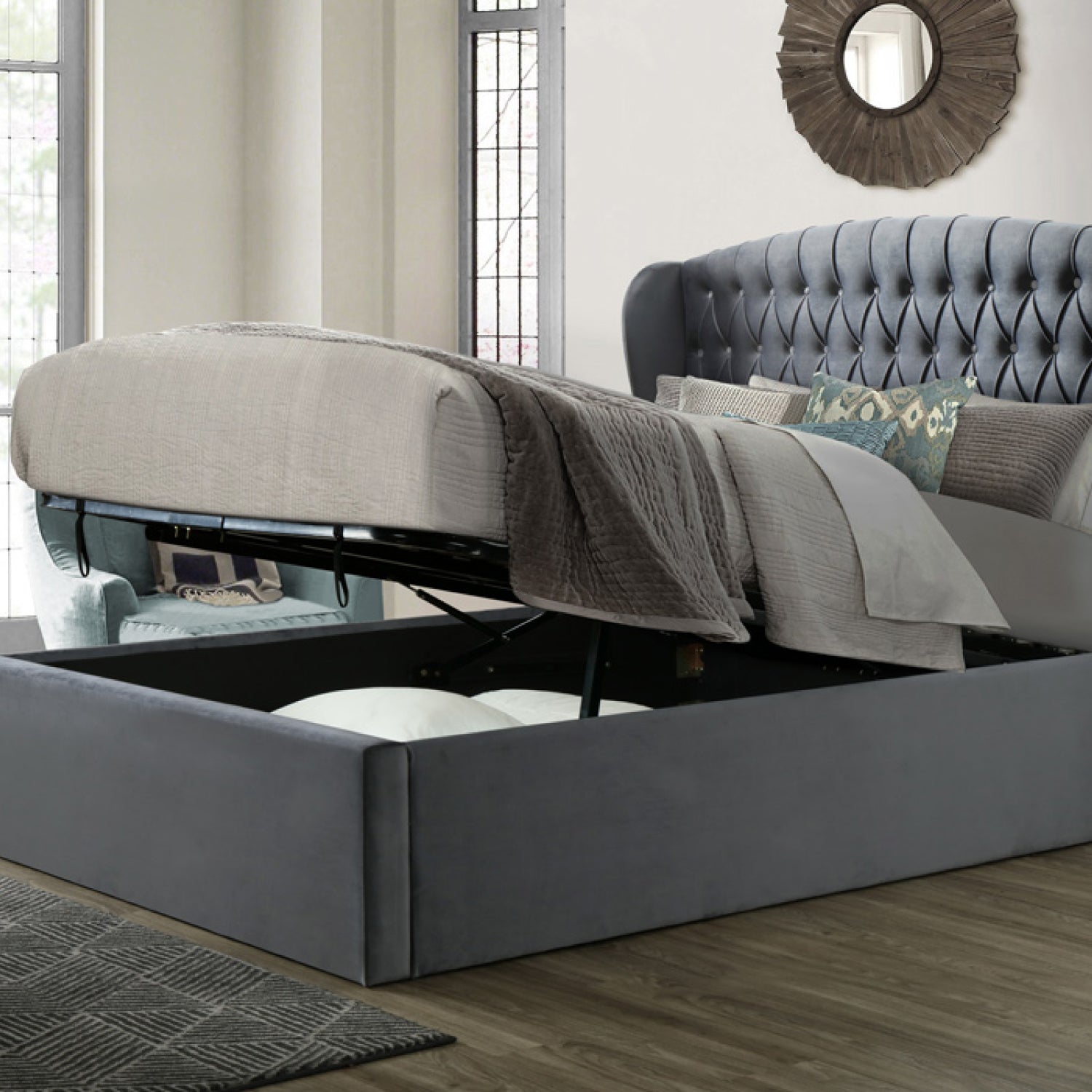 Warwick Grey Velvet Ottoman Bed