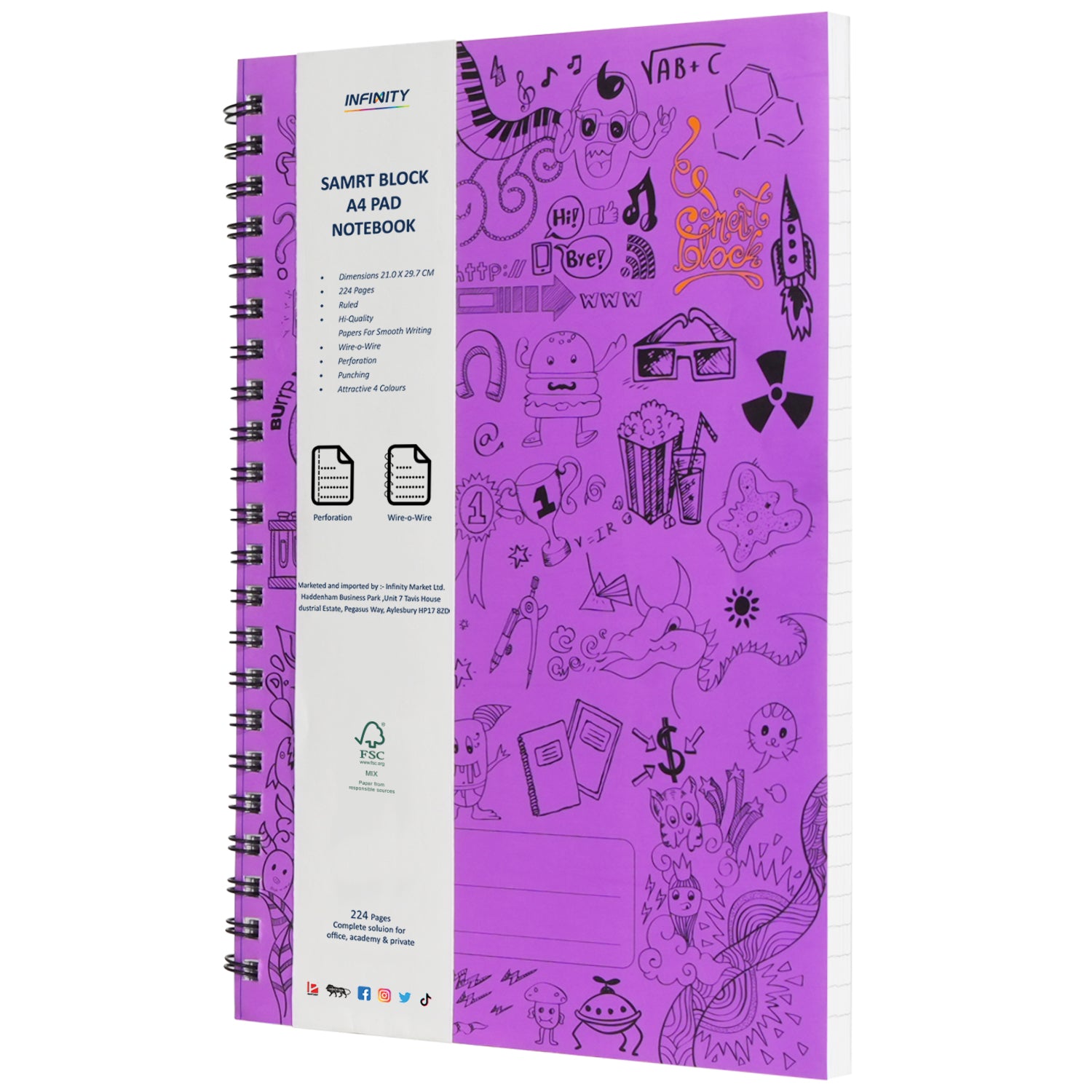 Smart Block Lined Spiral Journal Notebook, 224 Pages, Purple