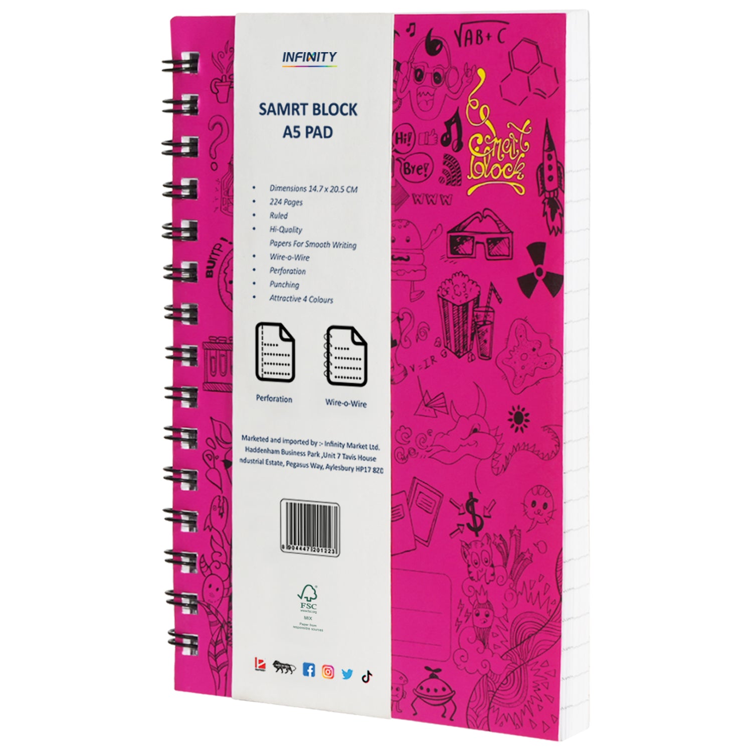 Smart Block Lined Spiral Journal Notebook, 224 Pages, Magenta