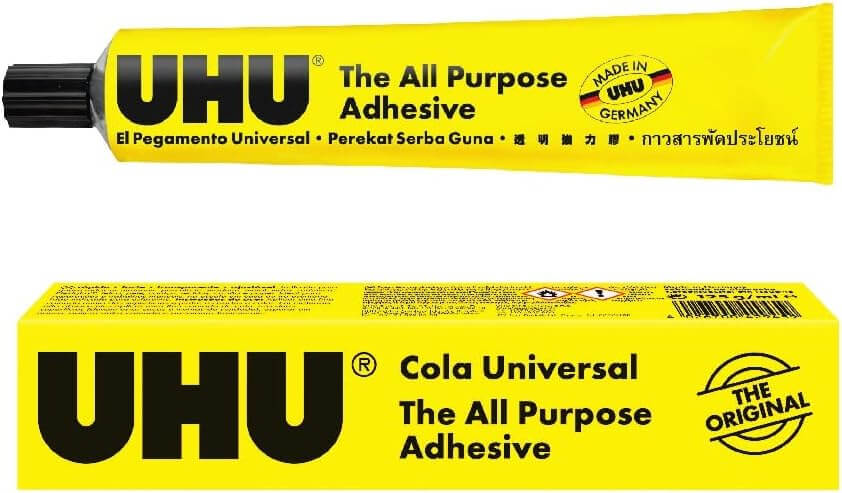 Yellow UHU All Purpose Adhesive 60ml tube, ideal for various materials like wood, plastic, glass, and more, with original packaging.