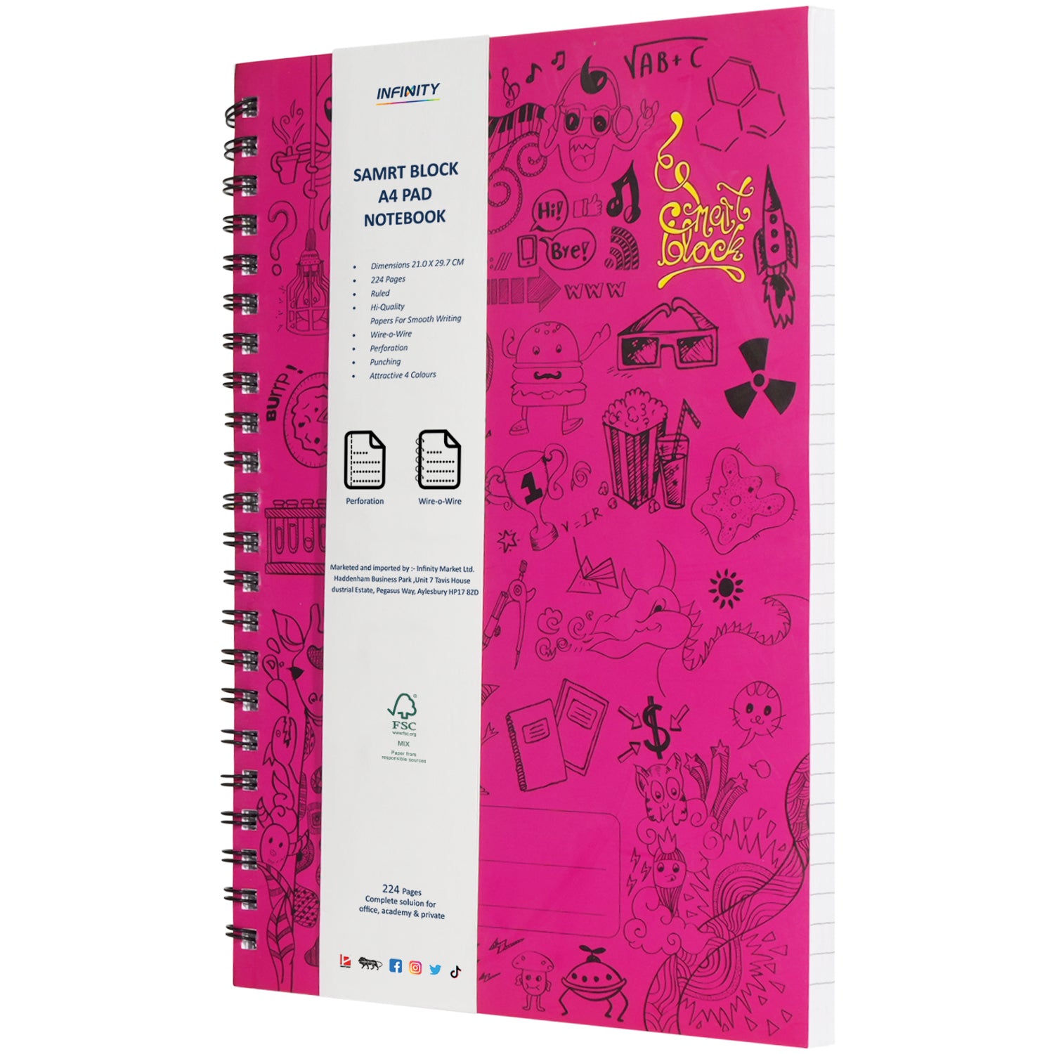 Smart Block Lined Spiral Journal Notebook, 224 Pages, Magenta