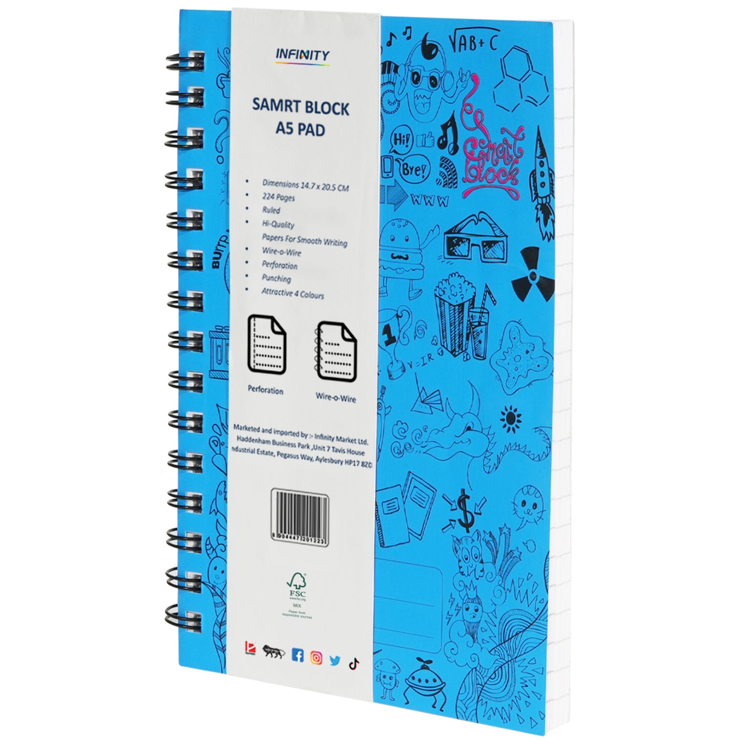 Smart Block Lined Spiral Journal Notebook, 224 Pages, Blue