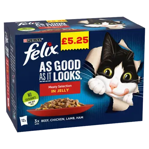 Felix As Good As it Looks Meaty Selection in Jelly Wet Cat Food pack of 12 with chicken, ham, duck, pork flavors. Price: £5.25