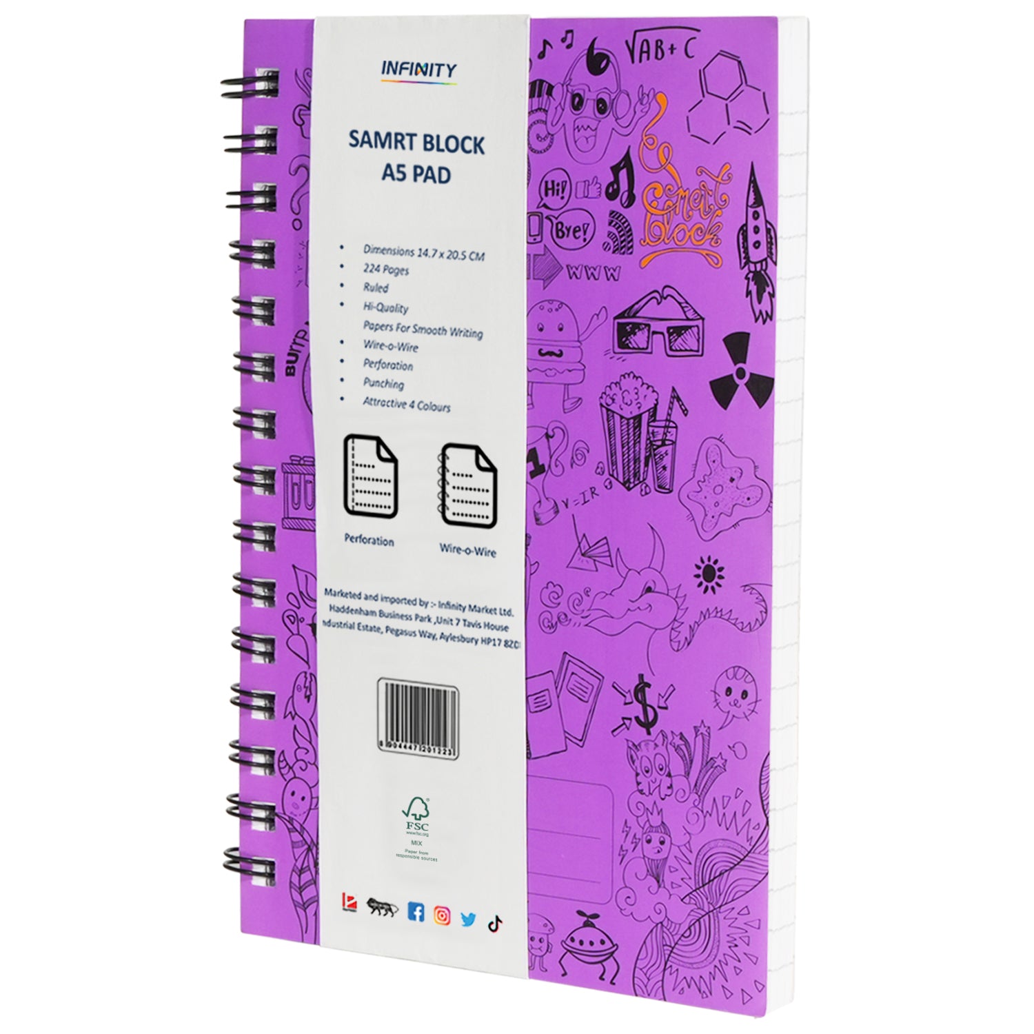 Smart Block Lined Spiral Journal Notebook, 224 Pages, Purple