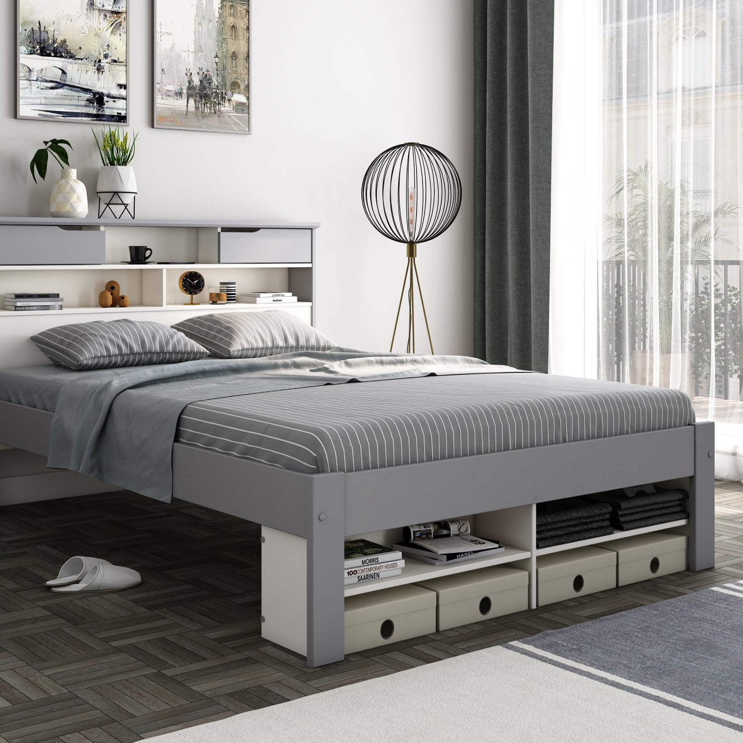 Fabio Grey and White Wooden Bed