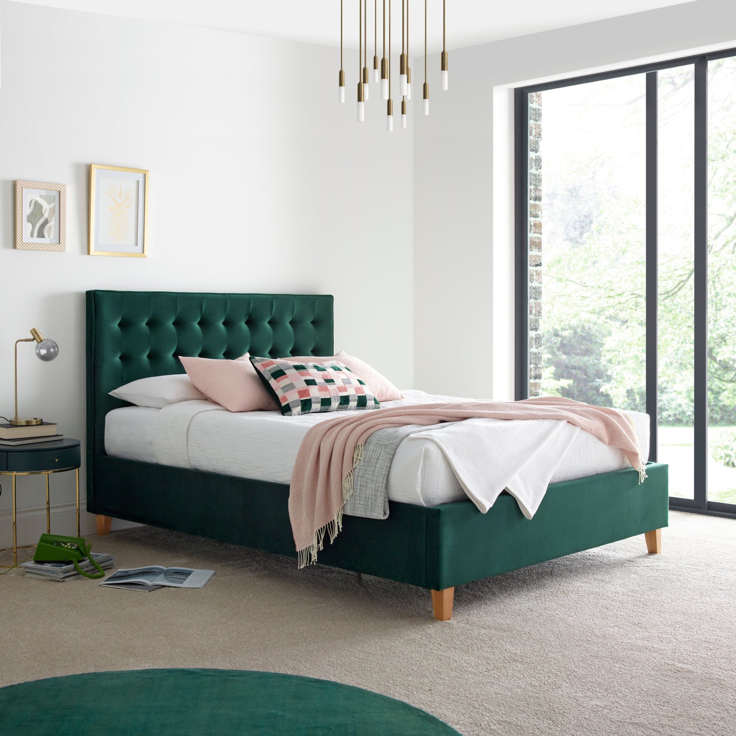 Kingham Green Velvet Ottoman Bed