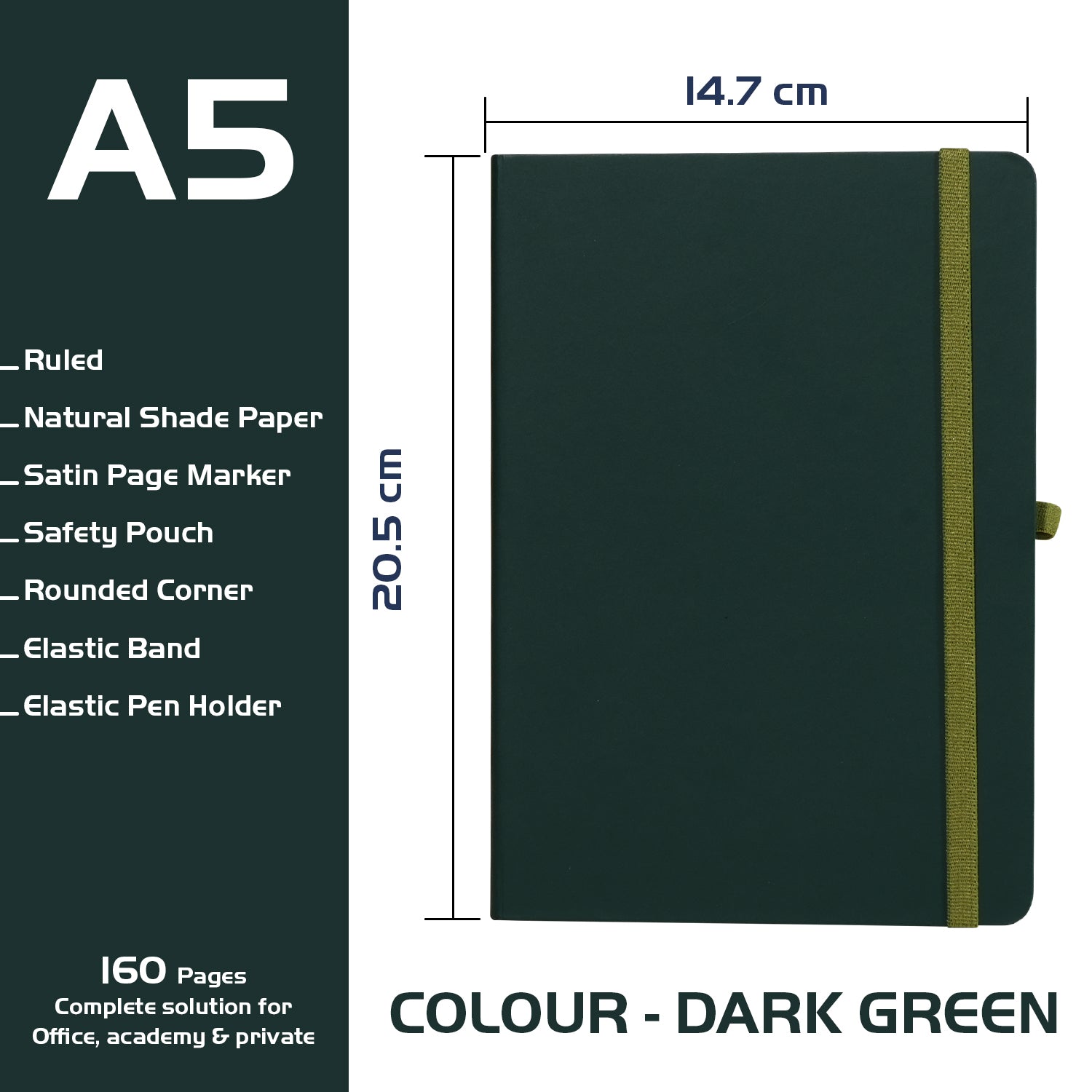 A5 Maestro Journal Notebook with Lined Pages, 160 Pages, Dark Green