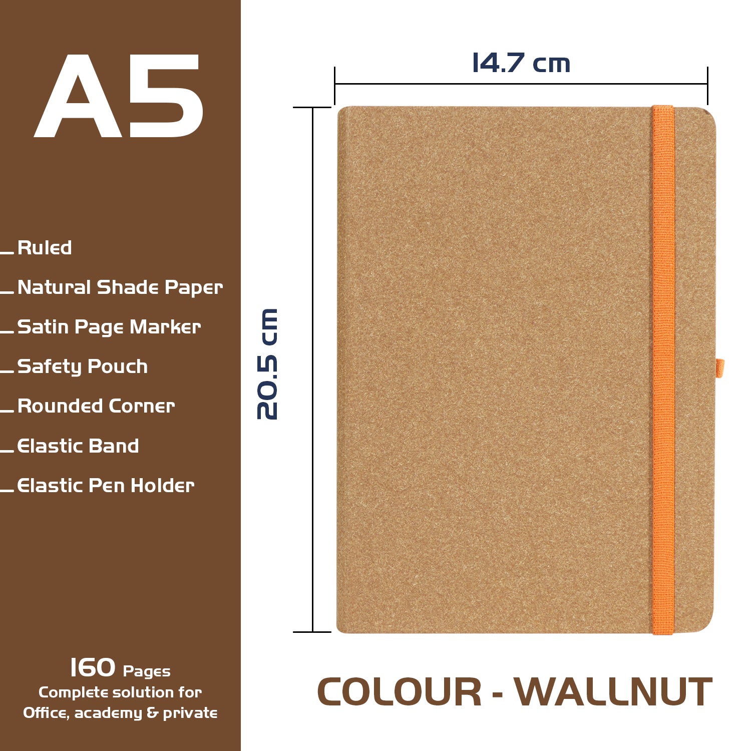 A5 Archive Ruled Paper Journal Notebook, 224 Pages,Walnut