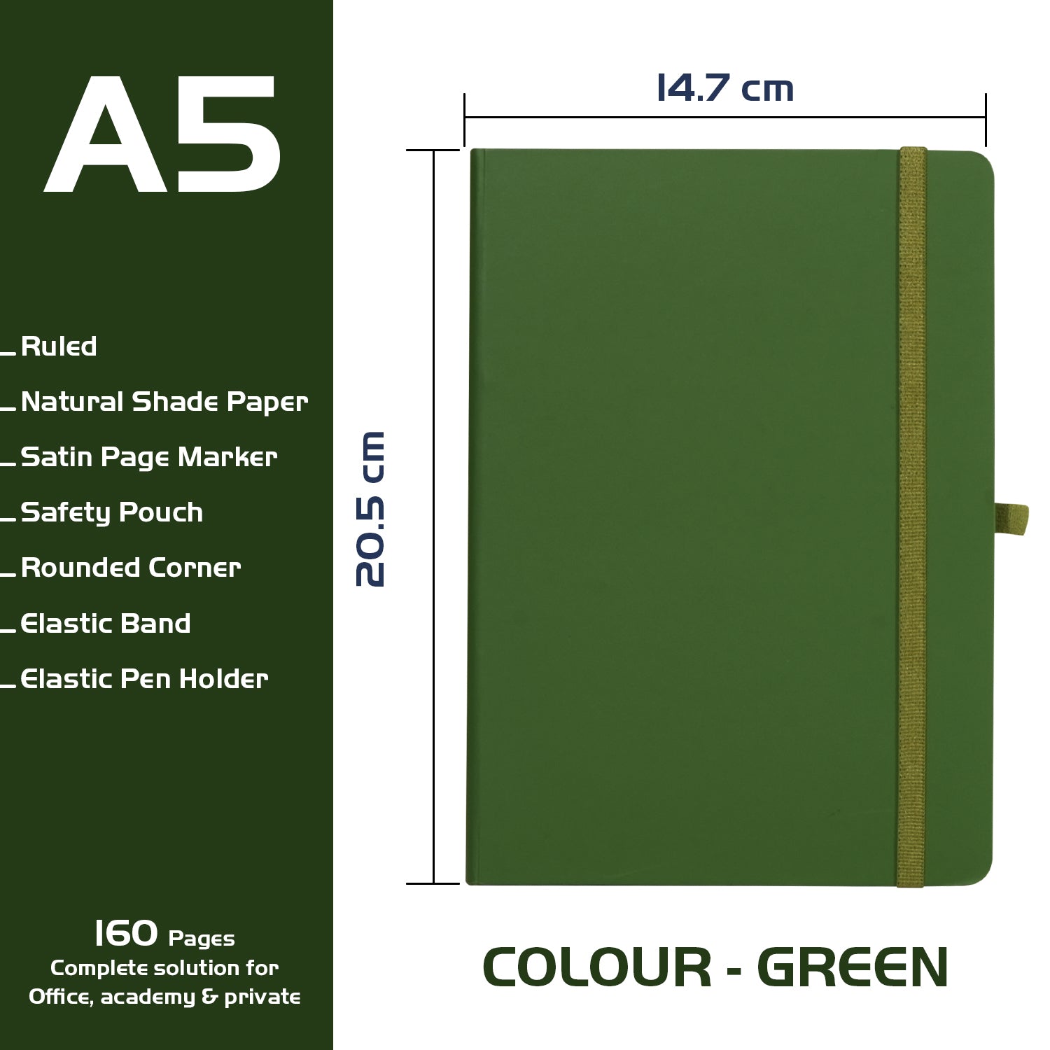 A5 Maestro Journal Notebook with Lined Pages, 160 Pages, Green