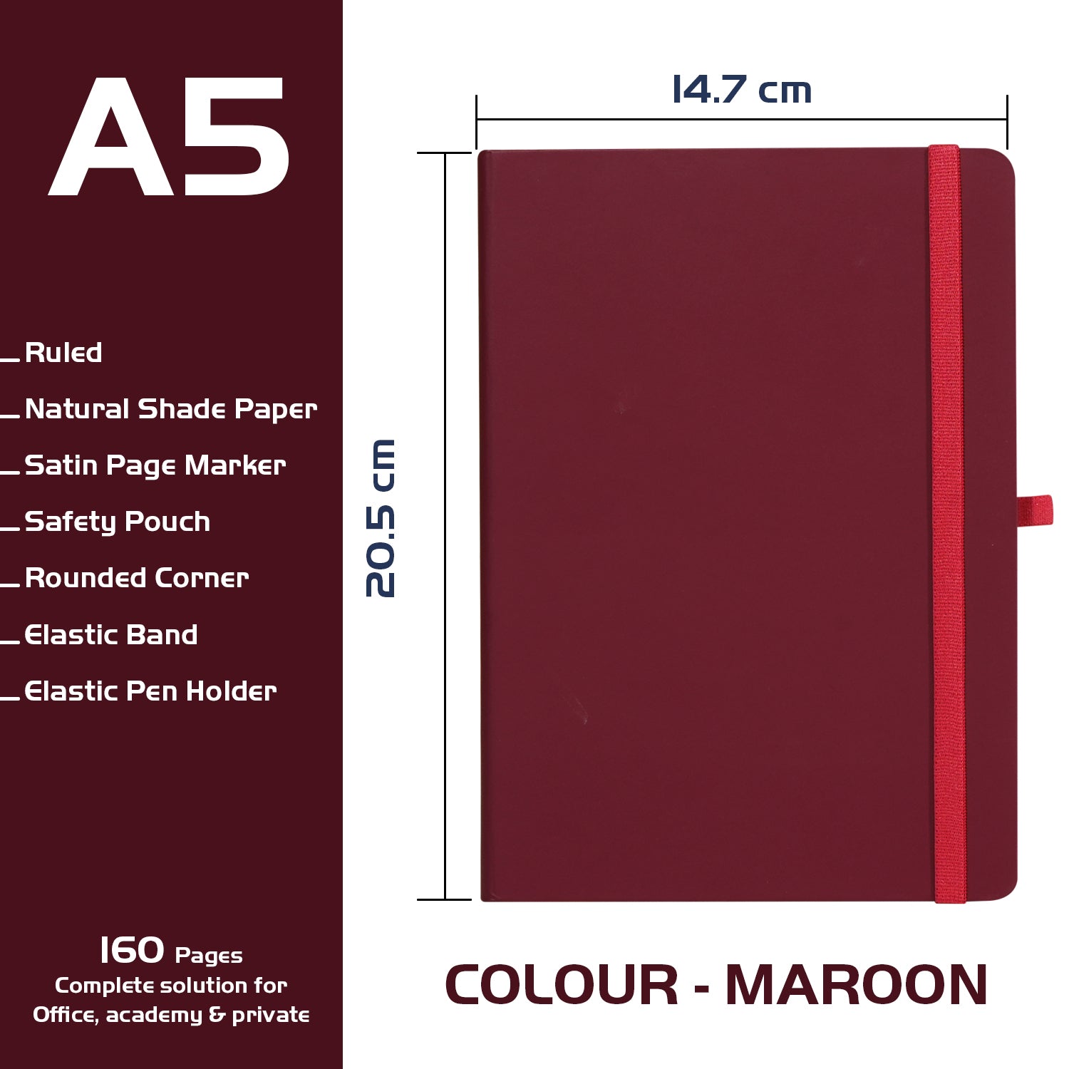 A5 Maestro Journal Notebook with Lined Pages, 160 Pages, Maroon