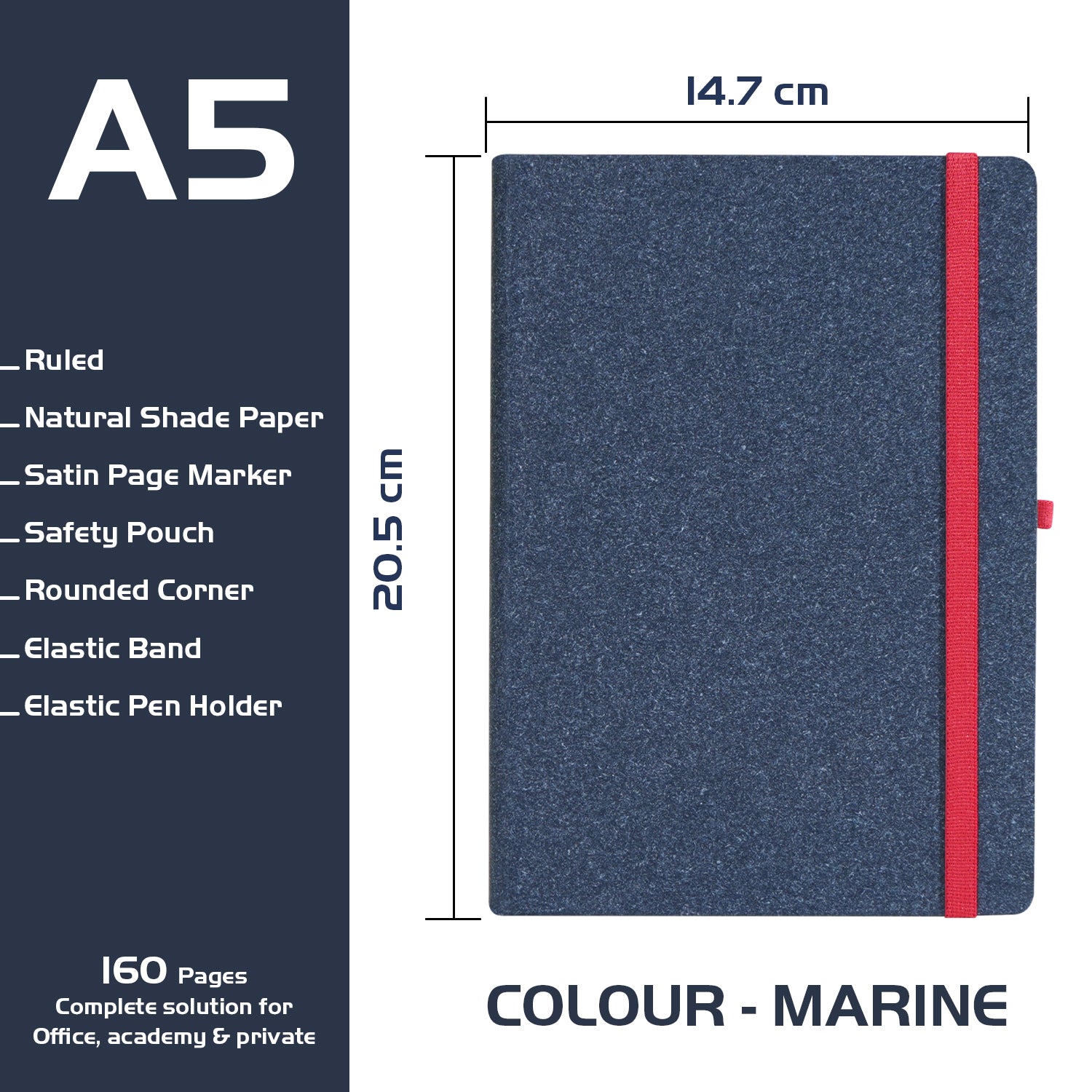 A5 Archive Ruled Paper Journal Notebook, 224 Pages, Marine