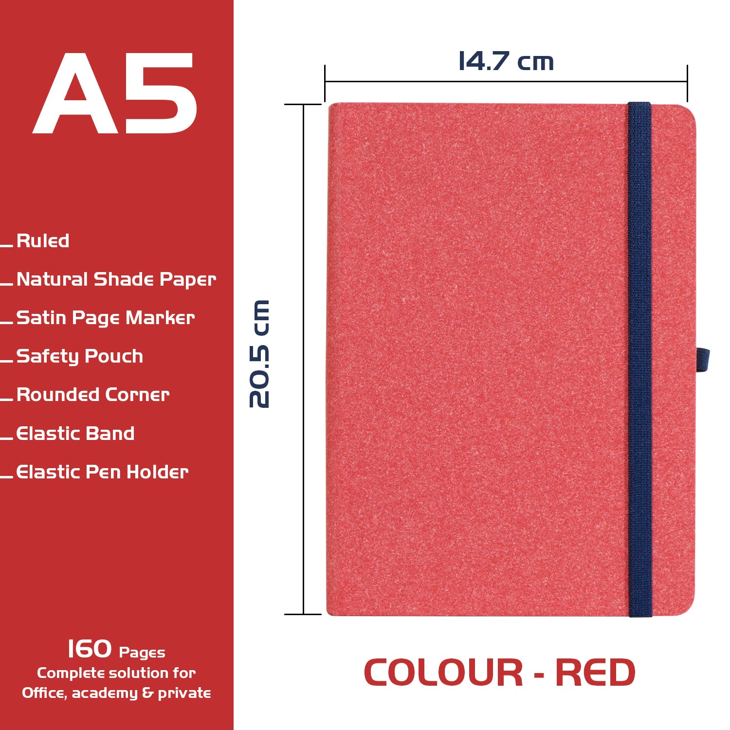 A5 Archive Ruled Paper Journal Notebook, 224 Pages, Red