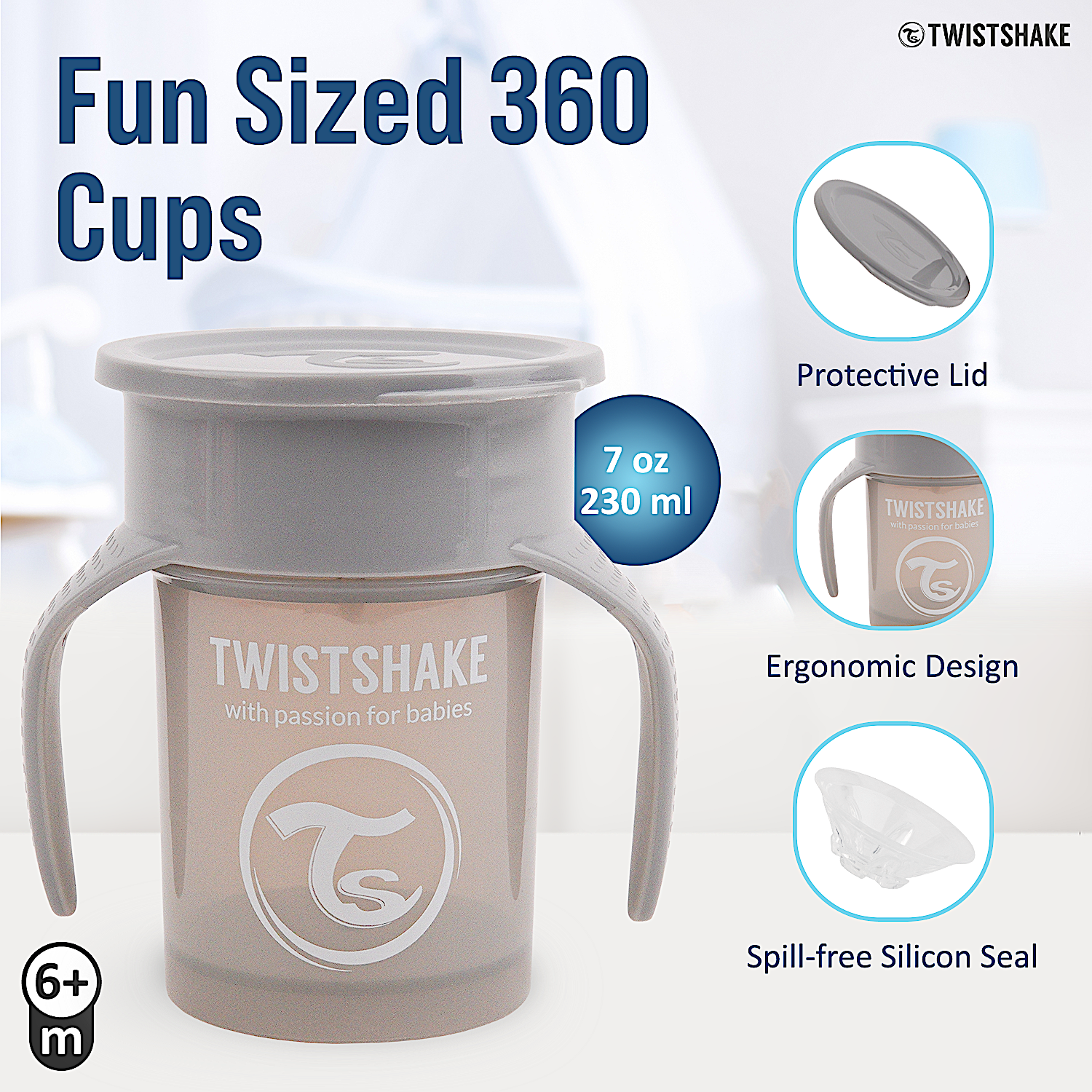 Twistshake 360 Sippy Cup 6+m Pastel Grey