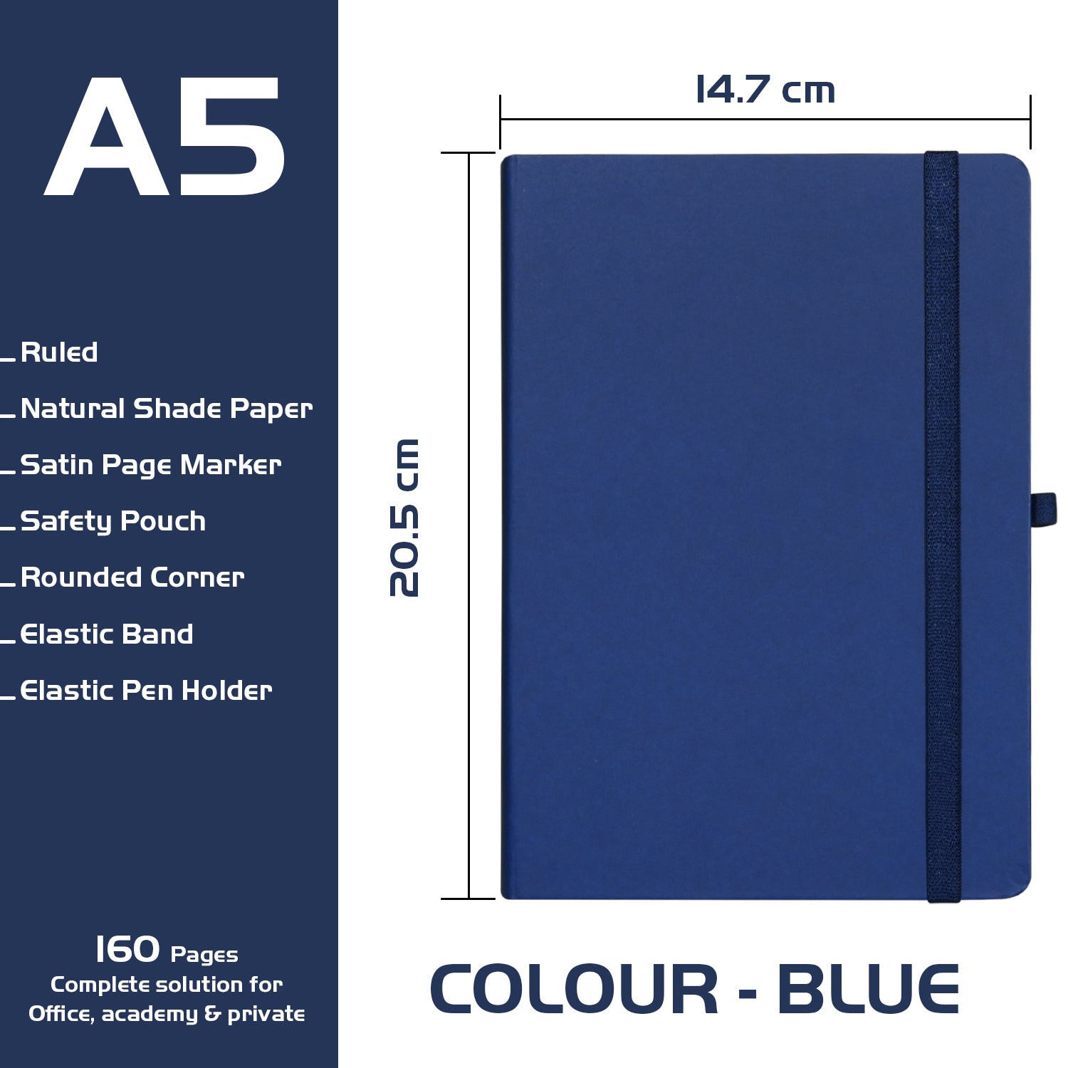 A5 Maestro Journal Notebook with Lined Pages, 160 Pages, Blue