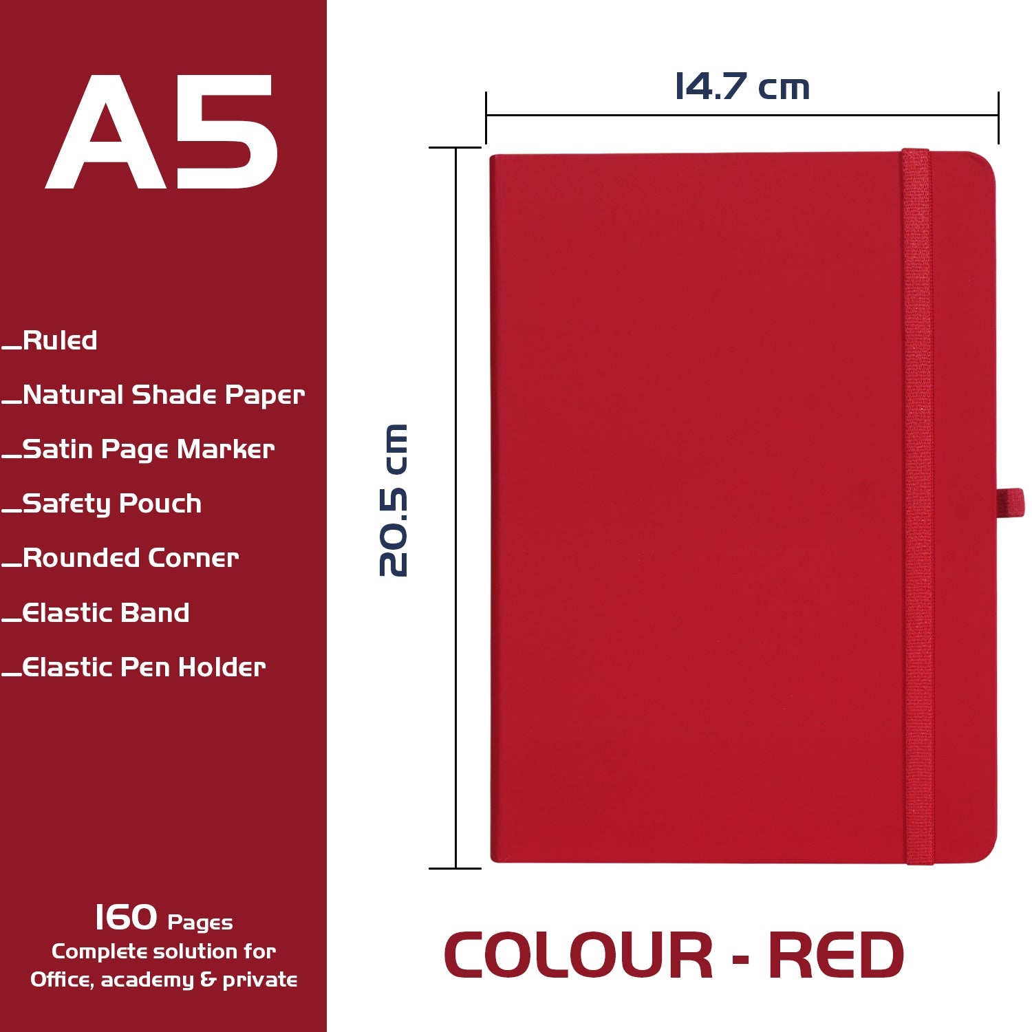 A5 Maestro Journal Notebook with Lined Pages, 160 Pages, Red