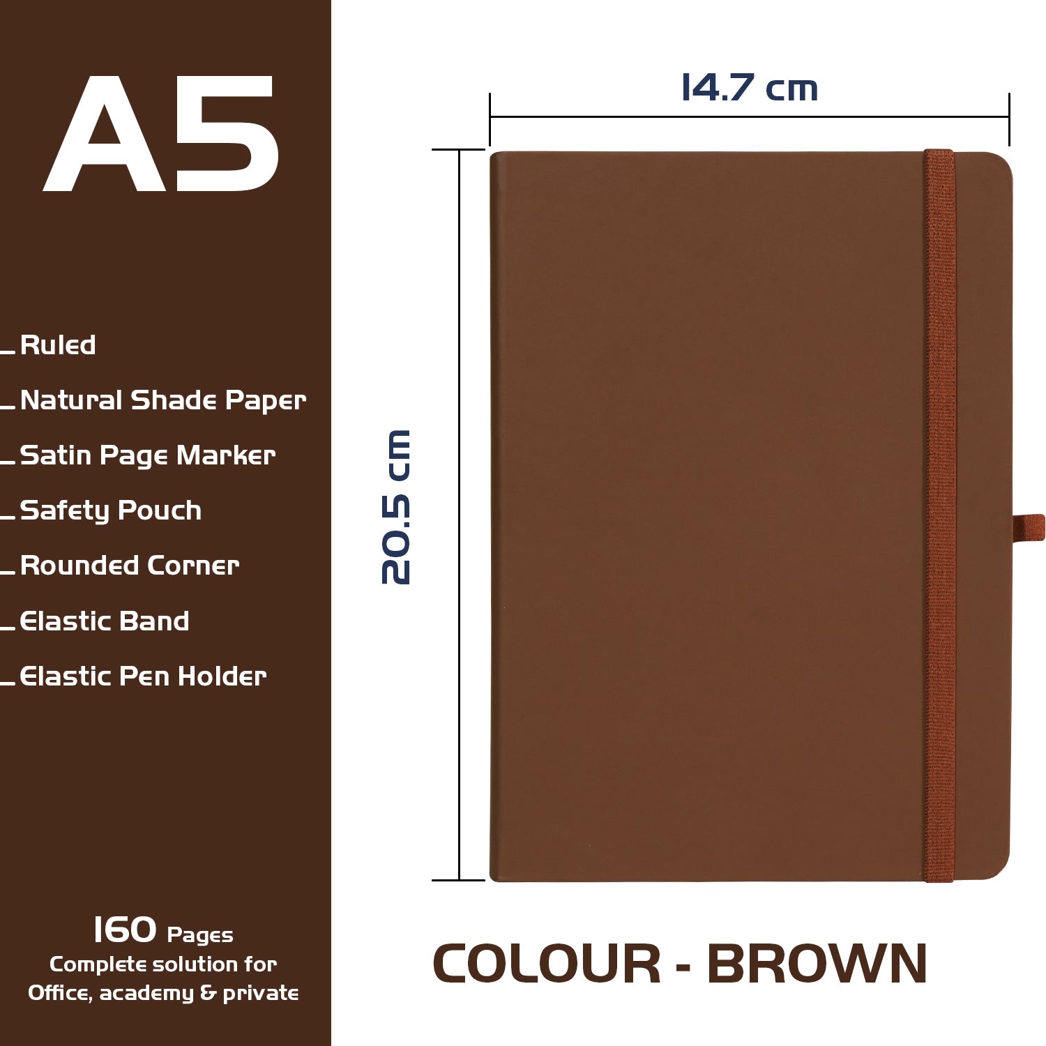 A5 Maestro Journal Notebook with Lined Pages, 160 Pages, Brown