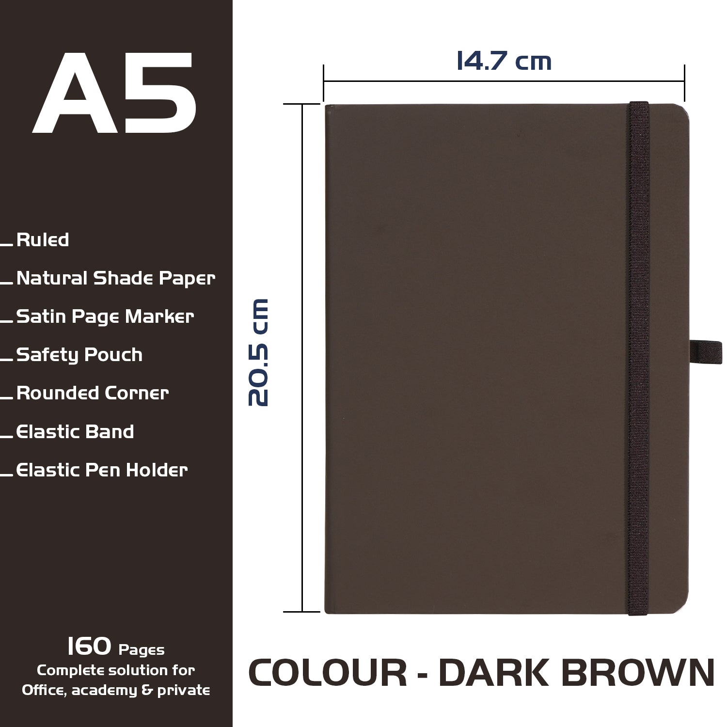 A5 Maestro Journal Notebook with Lined Pages, 160 Pages, Dark Brown