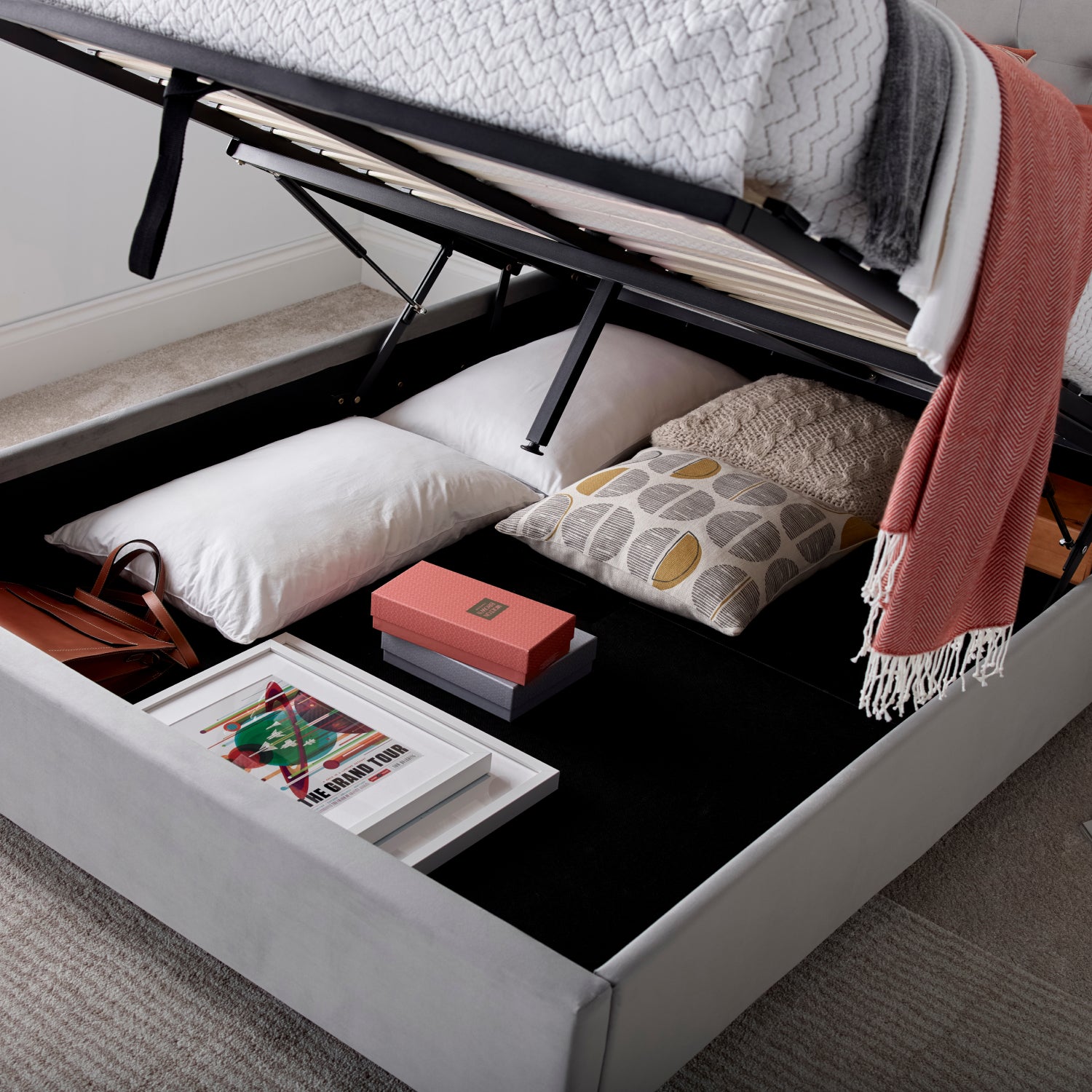 Kingham Grey Velvet Ottoman Bed