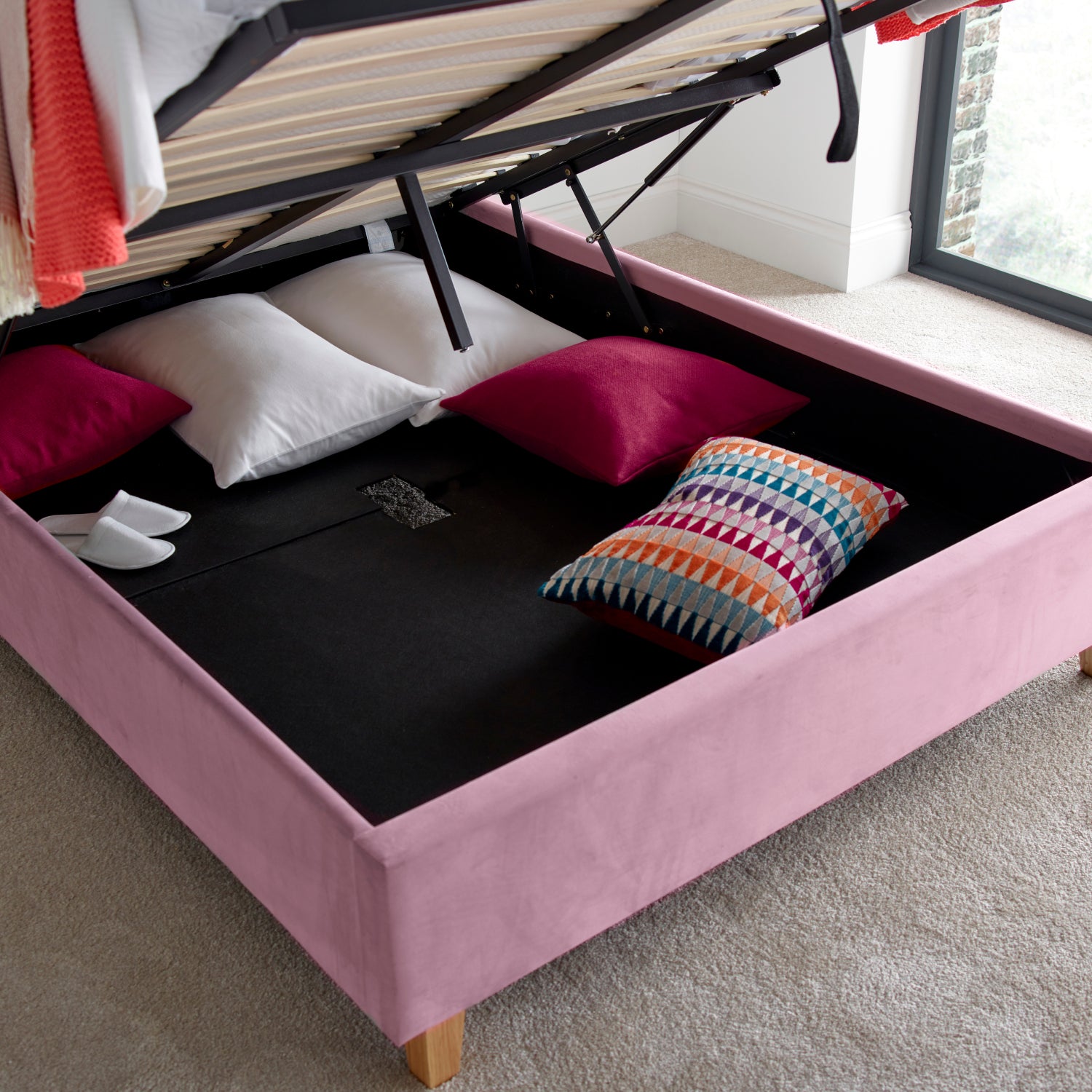 Kingham Pink Velvet Ottoman Bed