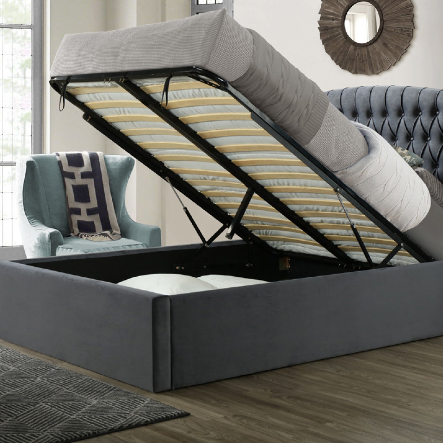 Warwick Grey Velvet Ottoman Bed