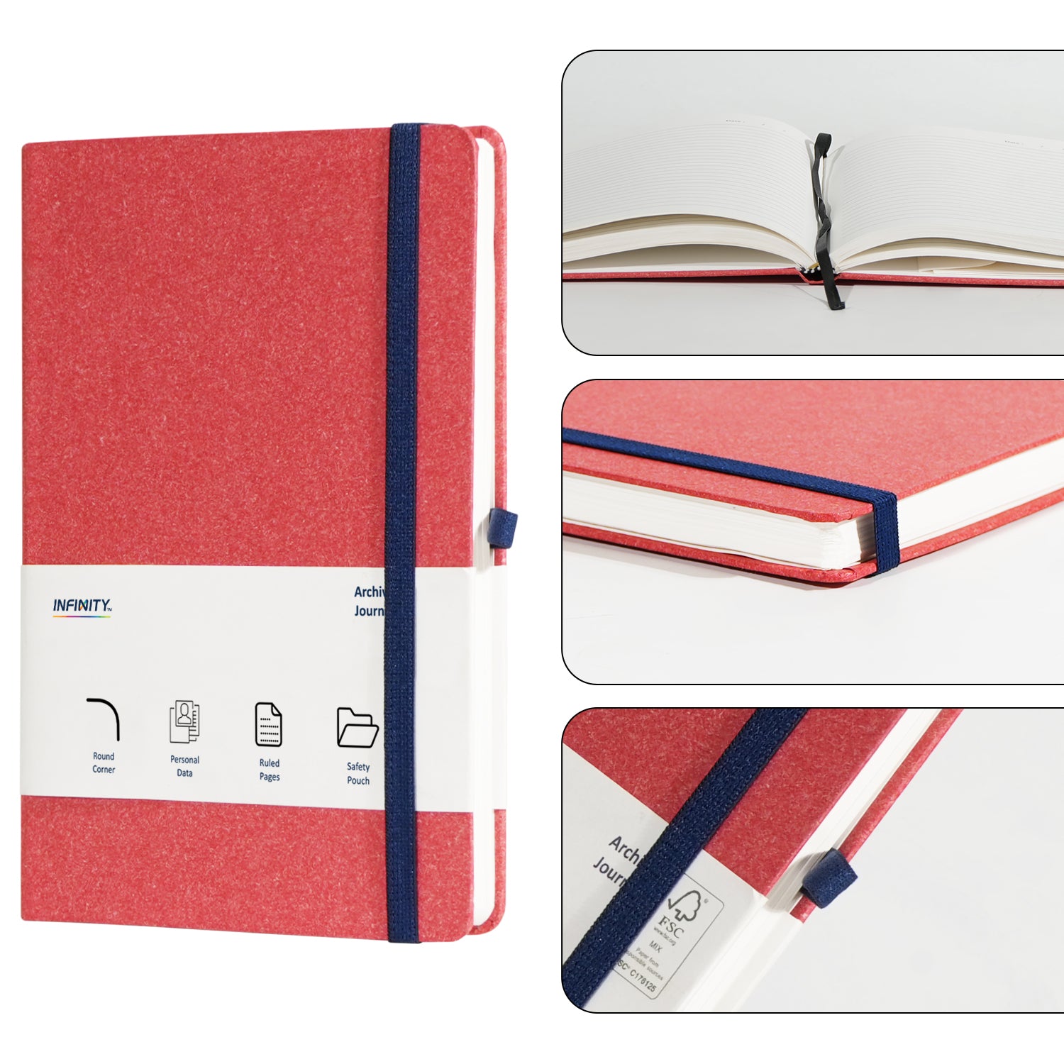 A5 Archive Ruled Paper Journal Notebook, 224 Pages, Red