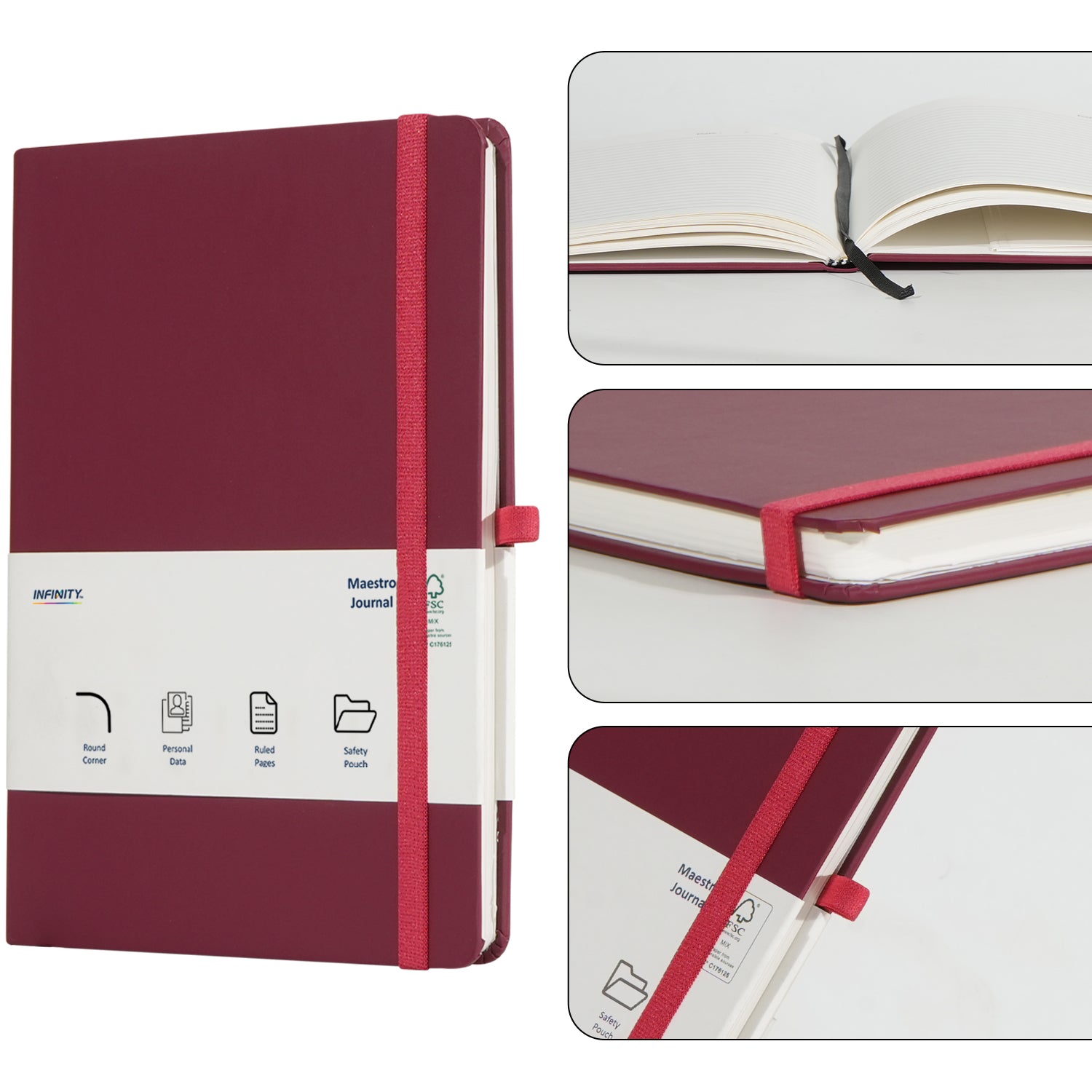 A5 Maestro Journal Notebook with Lined Pages, 160 Pages, Maroon