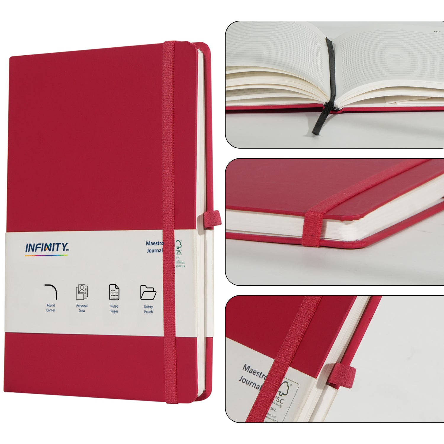 A5 Maestro Journal Notebook with Lined Pages, 160 Pages, Red