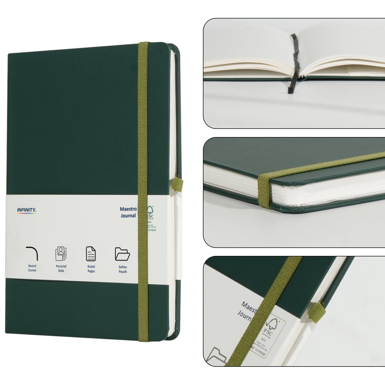 A5 Maestro Journal Notebook with Lined Pages, 160 Pages, Dark Green