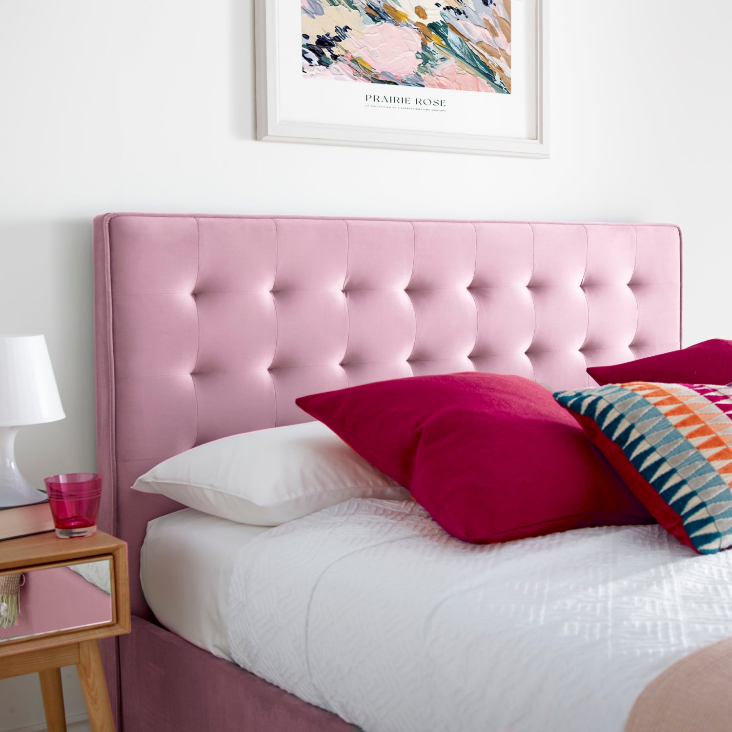 Kingham Pink Velvet Ottoman Bed